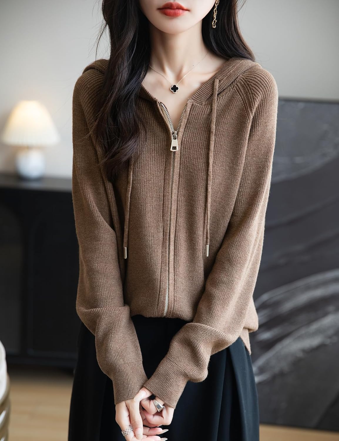 Merino Wool Blend Ribbed Zipper Hooded Cardigan