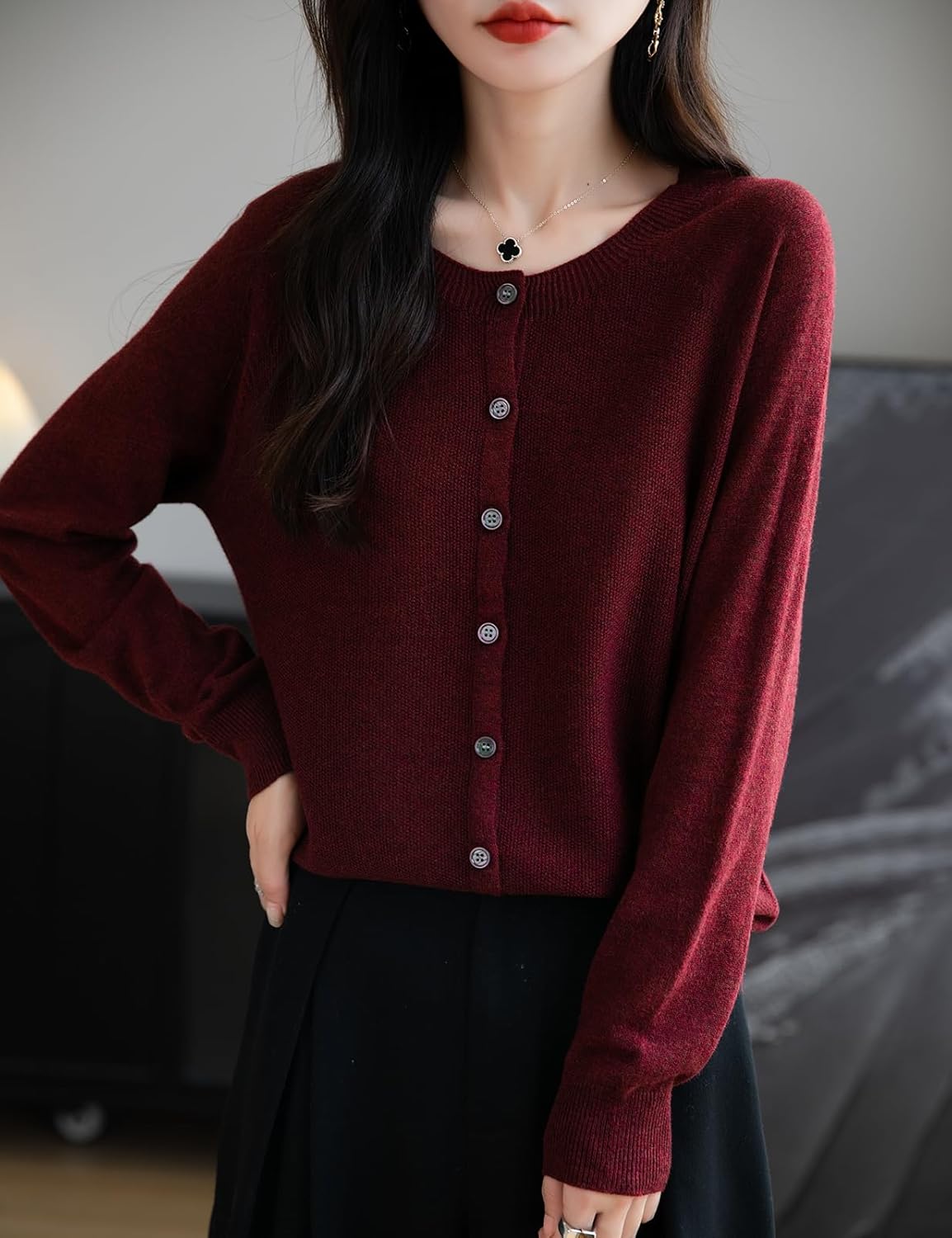 Merino Wool Blend Seamless Crewneck Cardigan