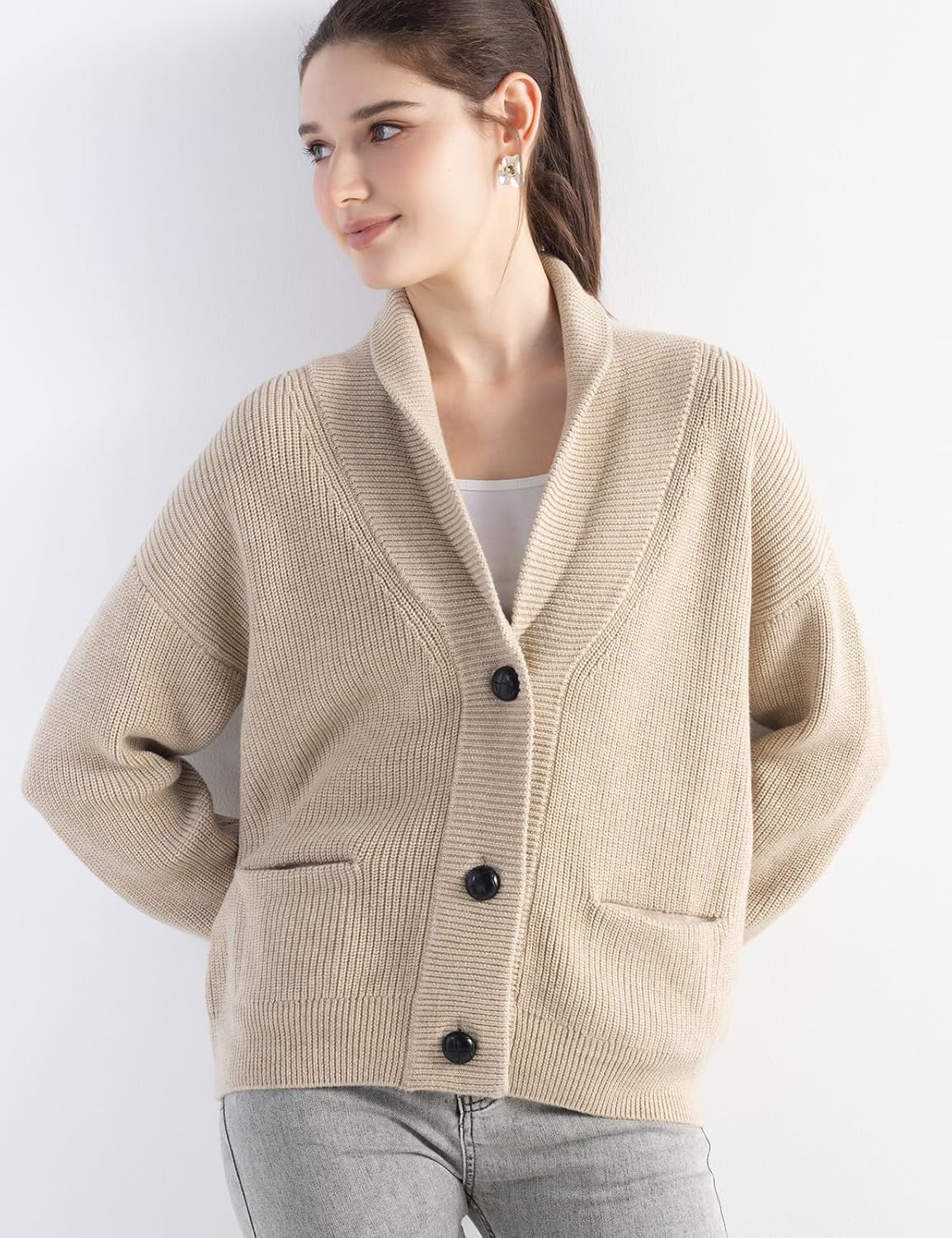 Merino Wool Blend V-Neck Button Cardigan with Pocket