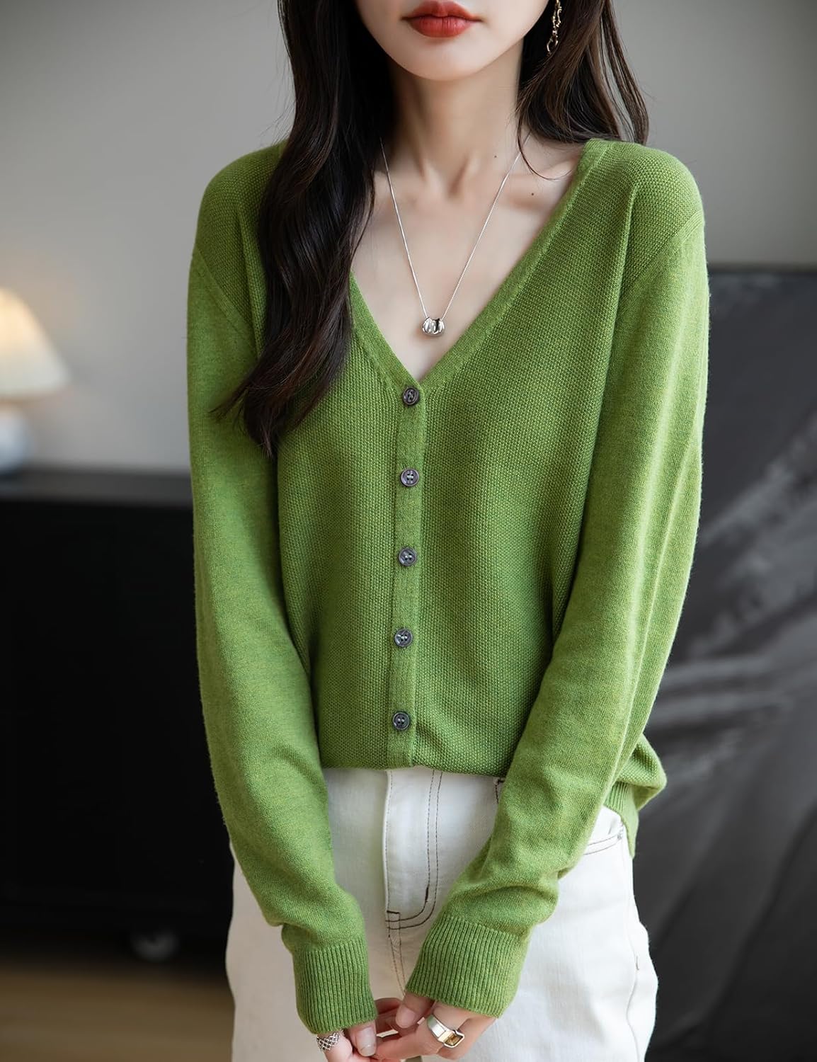 Merino Wool Blend Seamless V-Neck Cardigan