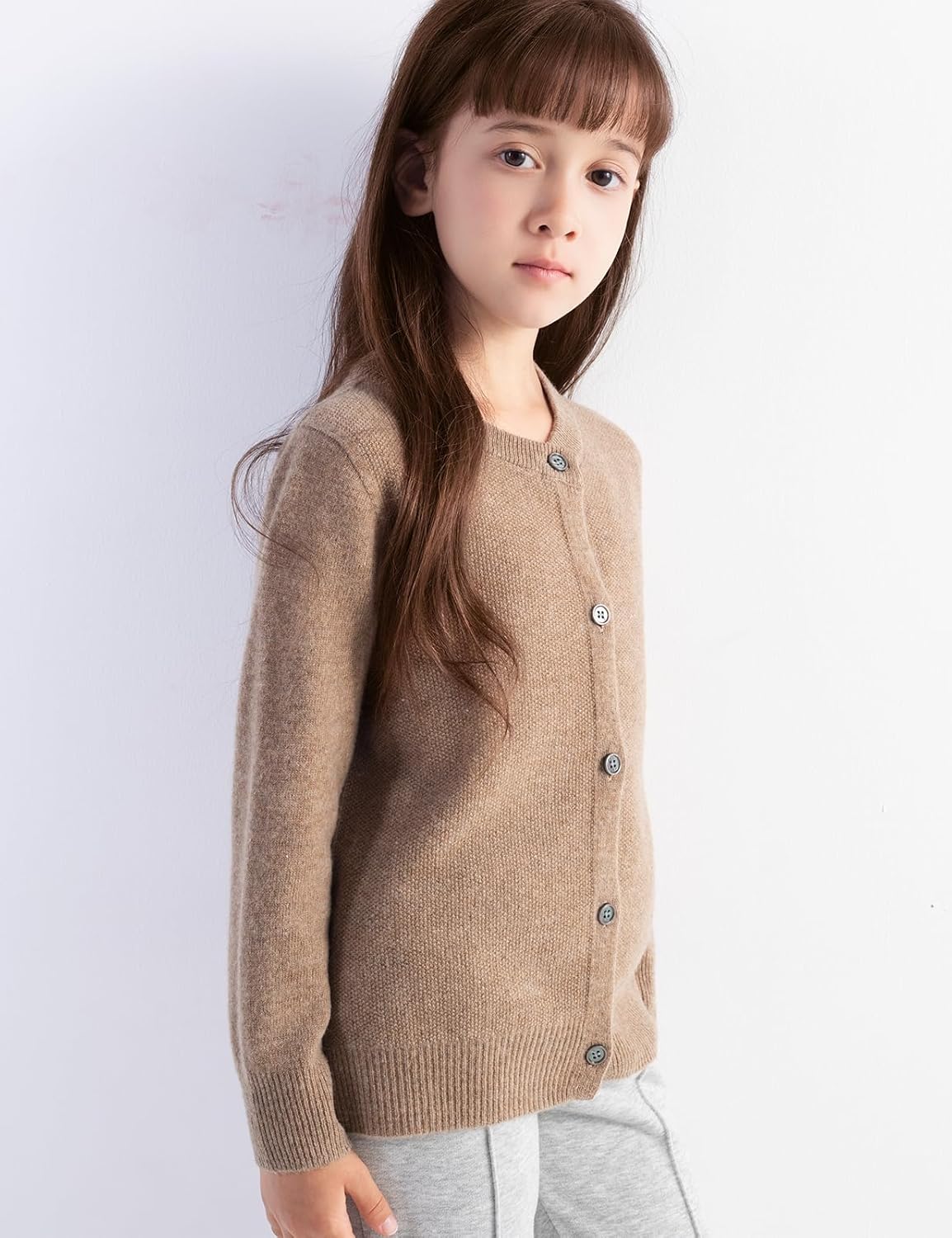 Girls' 100% Merino Wool Seamless Crewneck Cardigan