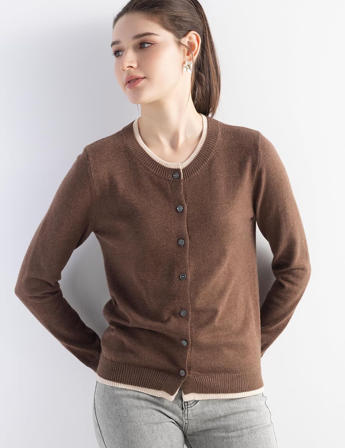 Merino Wool Color Block Crewneck Cardigan