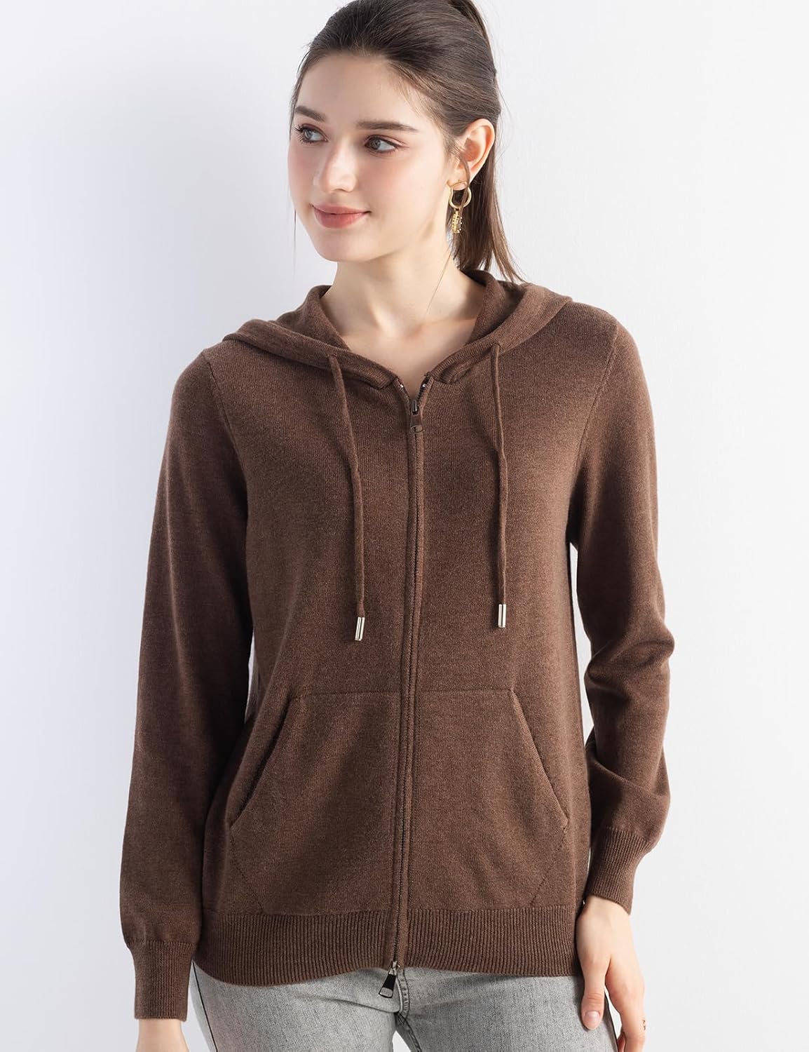 Merino Wool Blend Zipper Crewneck Hooded Knit Cardigan