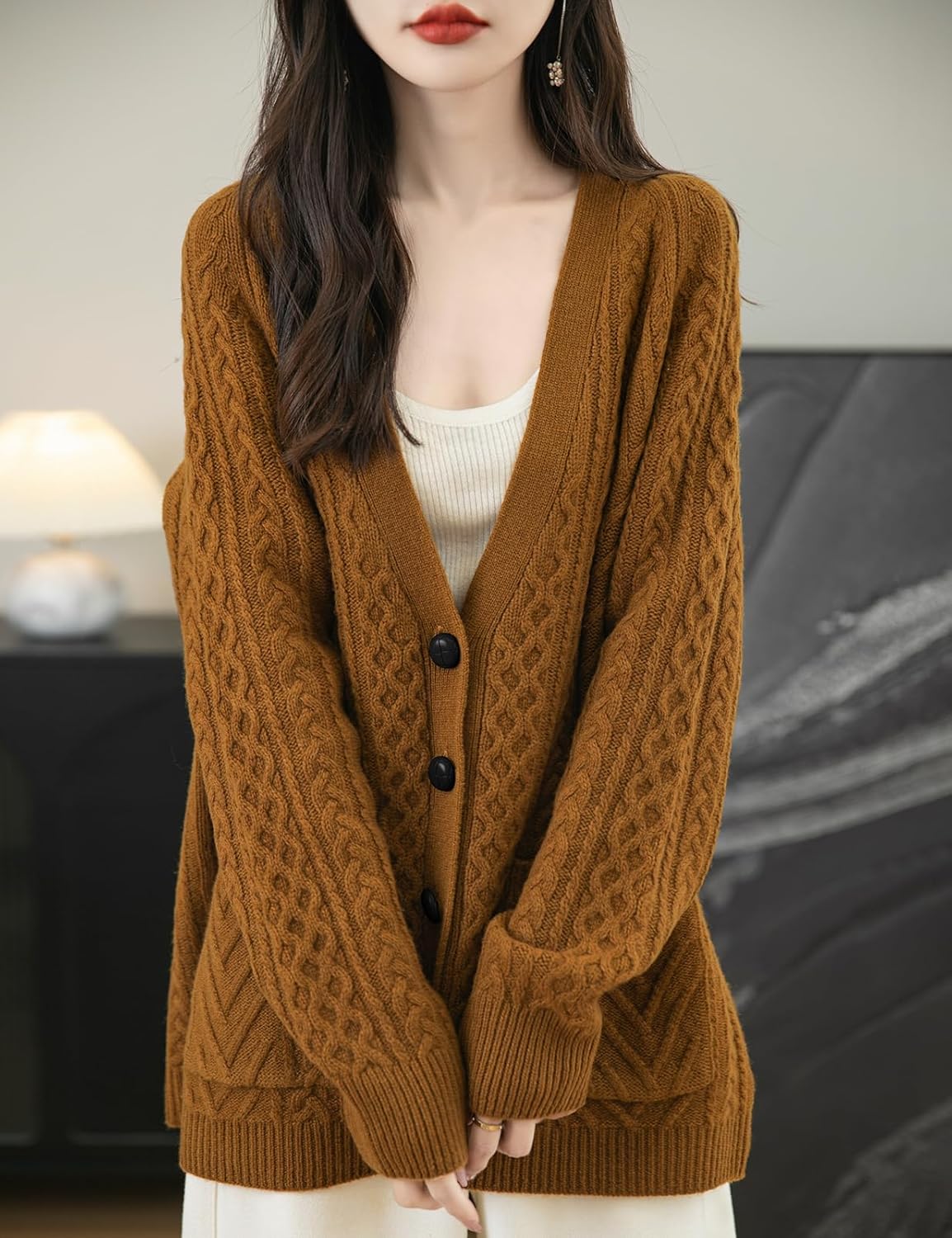 100% Merino Wool V-Neck Cable Cardigan