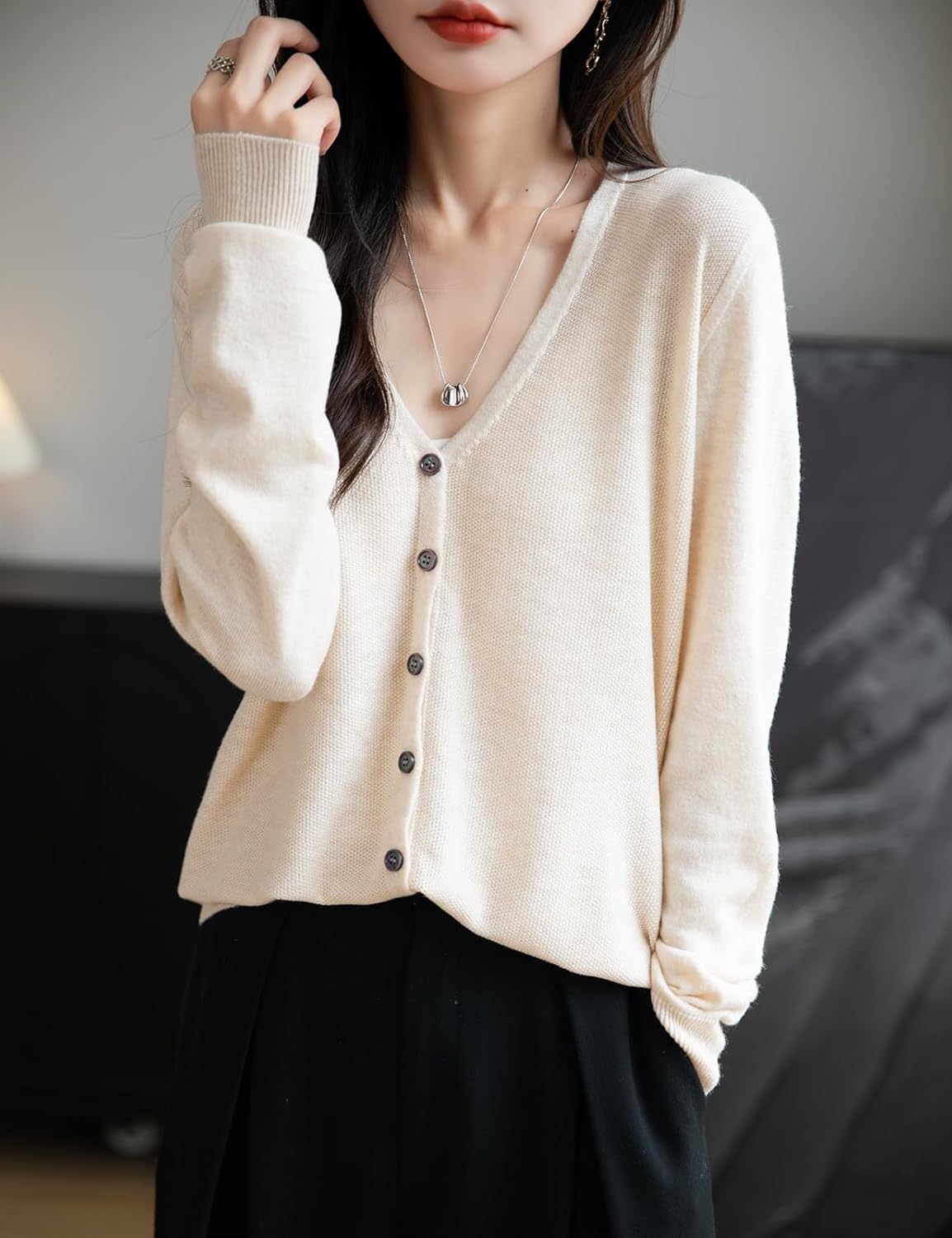 Merino Wool Blend Seamless V-Neck Cardigan