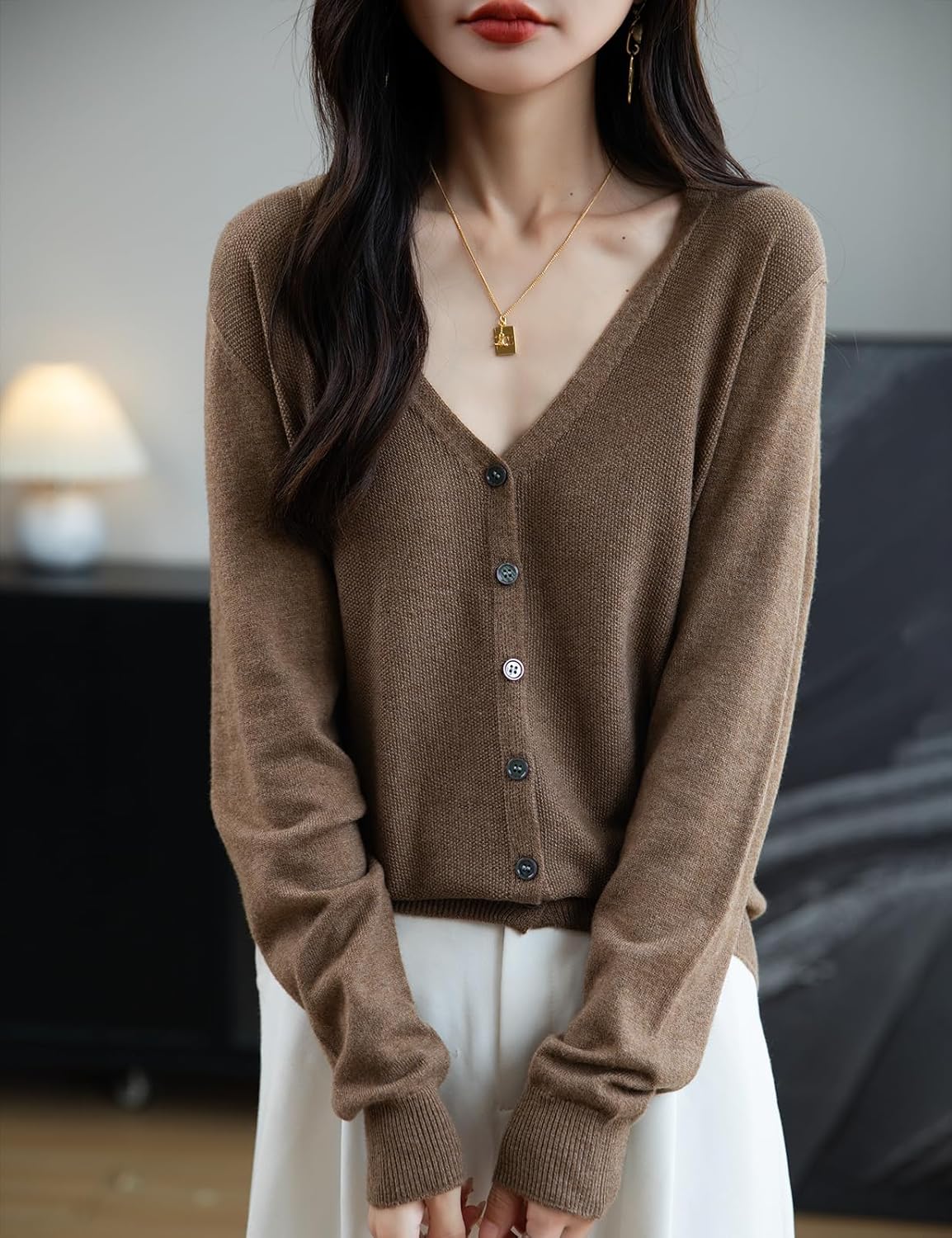 Merino Wool Blend Seamless V-Neck Cardigan