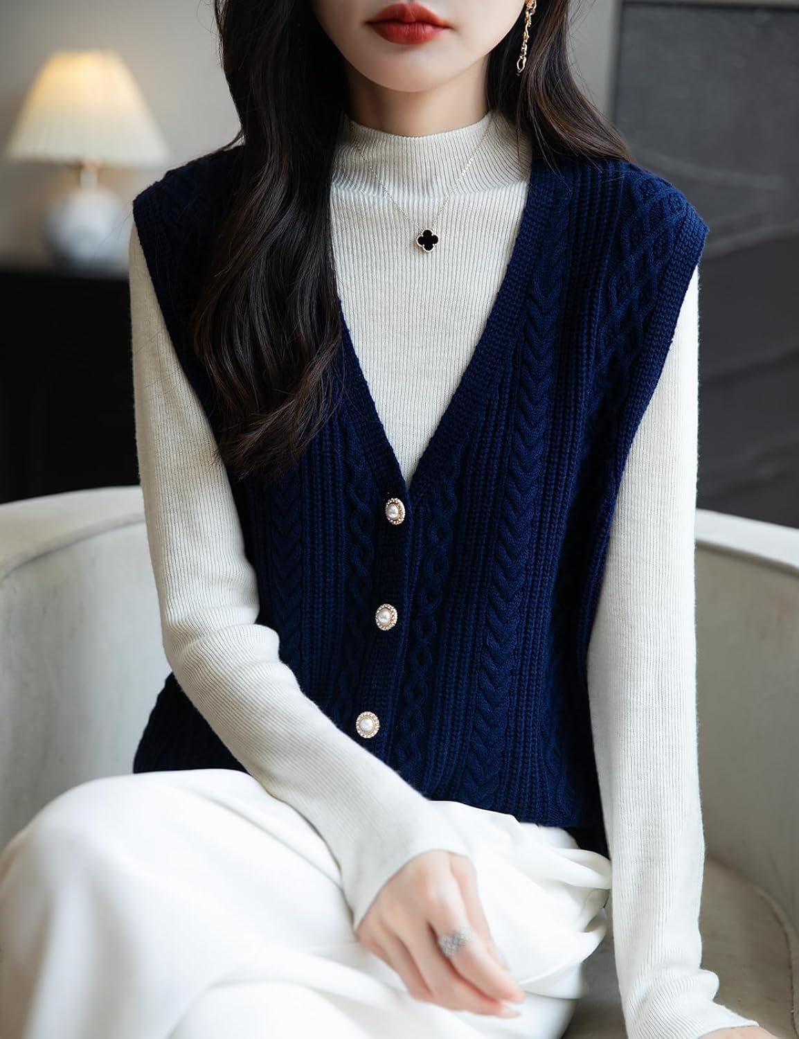 Merino Wool Blend Cable Knit Vest with Buttons