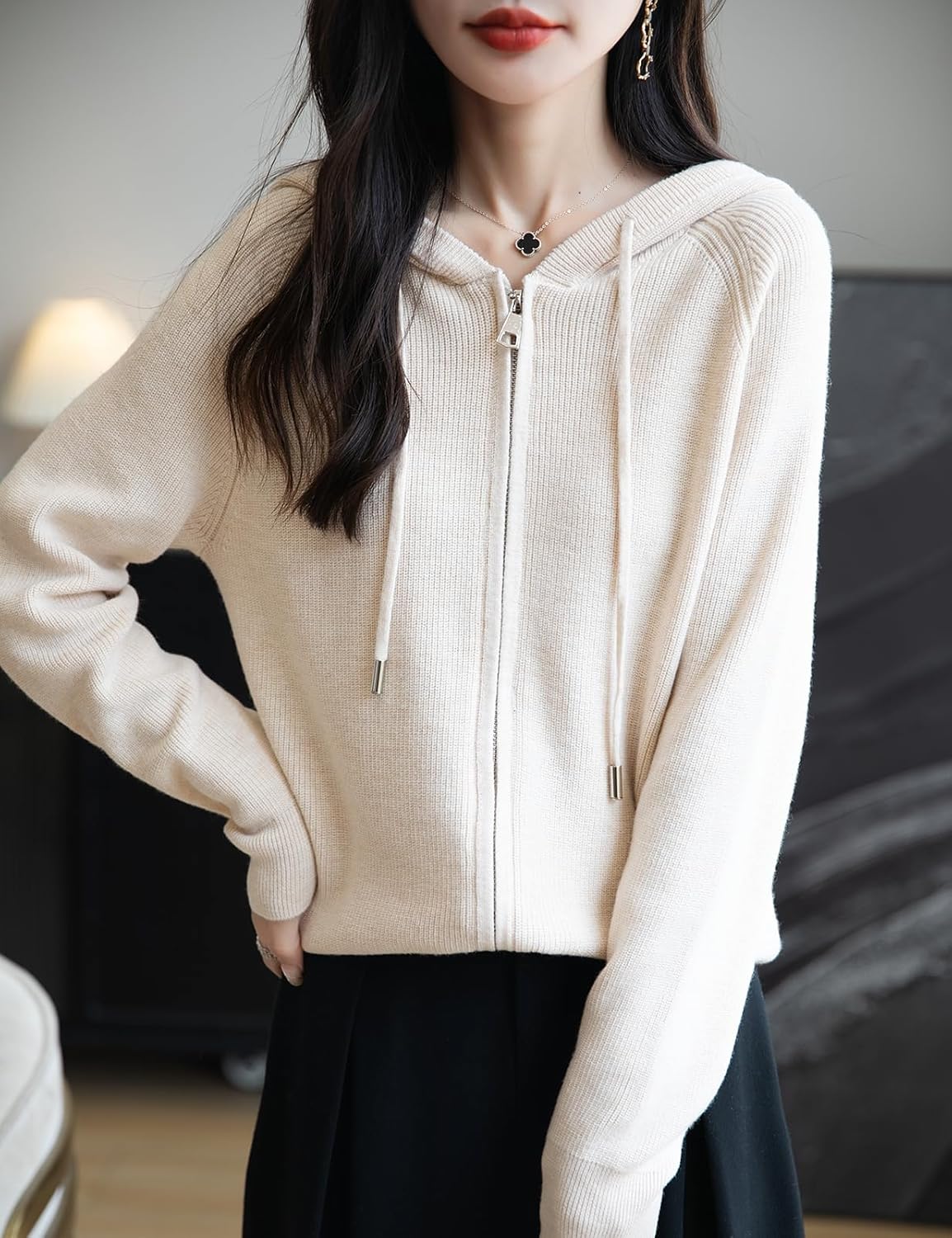 Merino Wool Blend Ribbed Zipper Hooded Cardigan