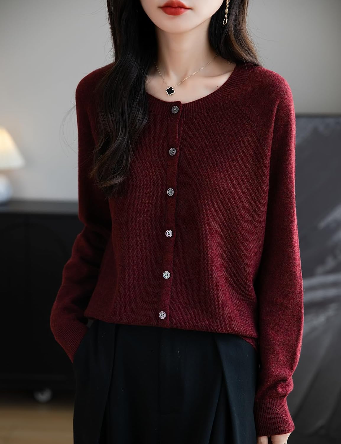 Merino Wool Blend Seamless Crewneck Cardigan