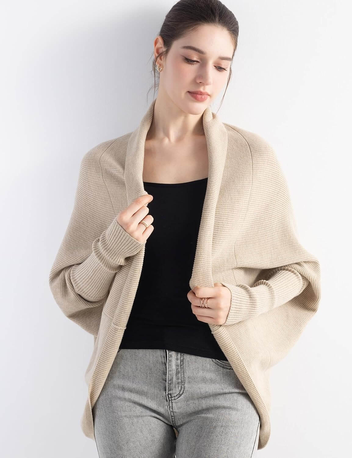 Merino Wool Blend Oversized Batwing Rib Knit Cardigan