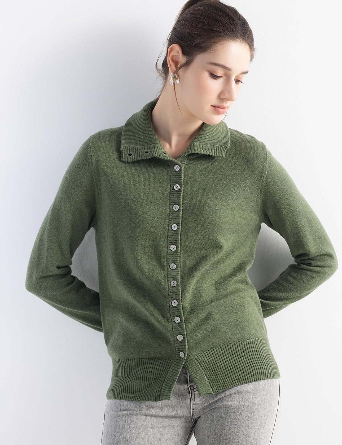 Merino Wool Blend Mock Neck Buttoned Knit Cardigan