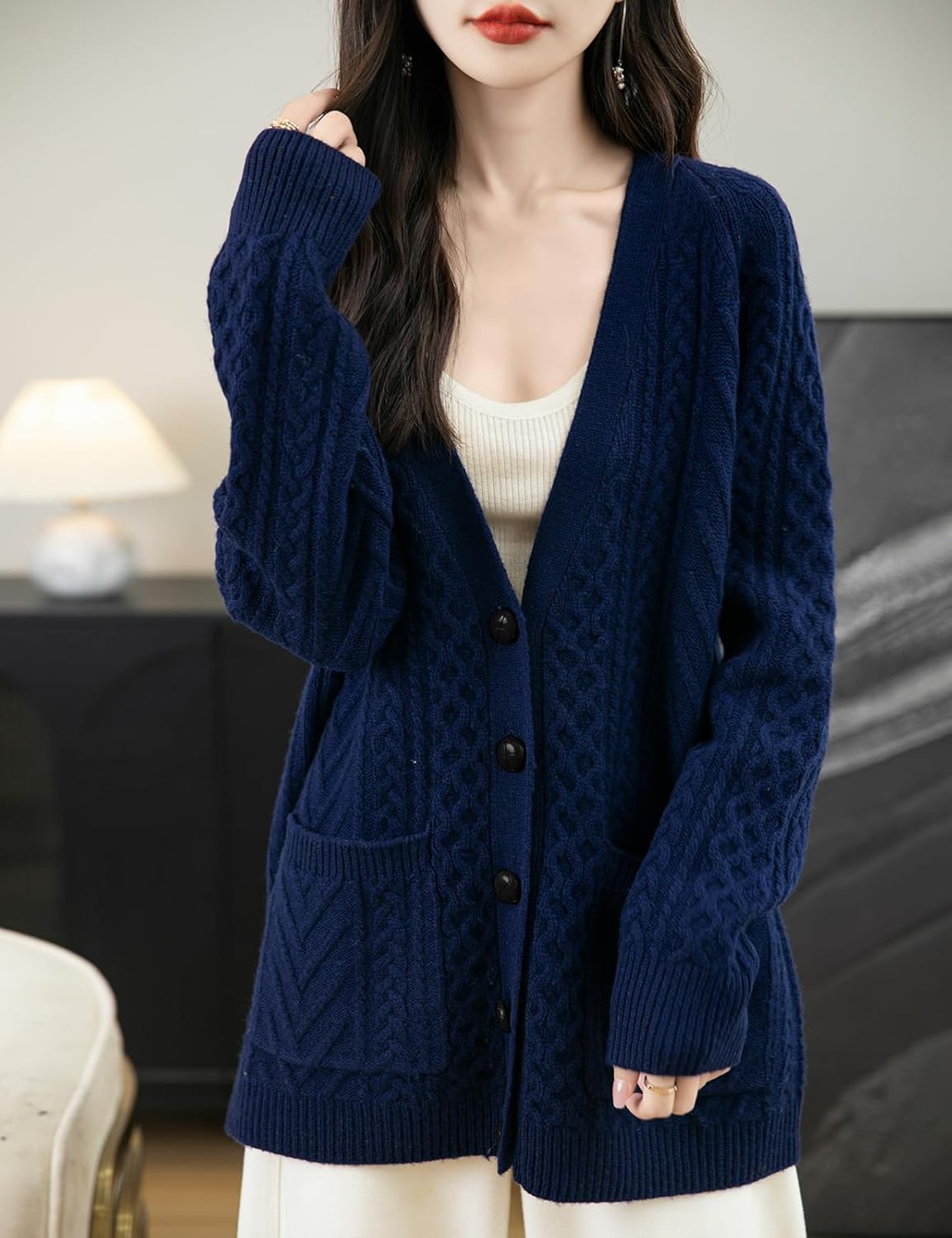 100% Merino Wool V-Neck Cable Cardigan