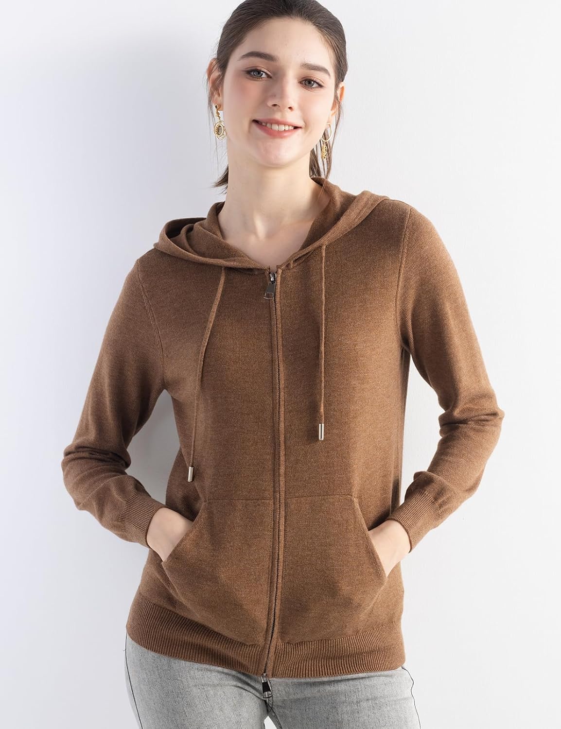 Merino Wool Blend Zipper Crewneck Hooded Knit Cardigan