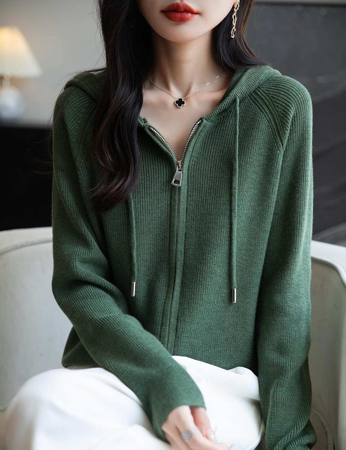 Merino Wool Blend Ribbed Zipper Hooded Cardigan