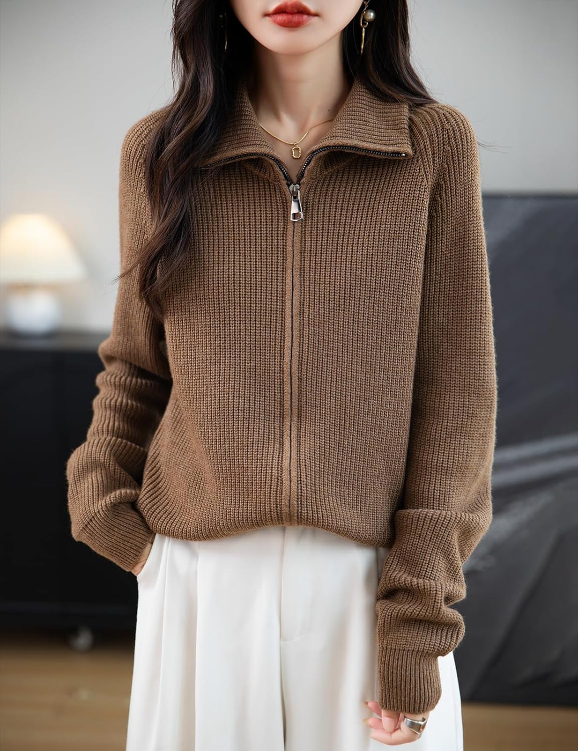 Merino Wool Blend Zipper Knit Sweatshirt Cardigan