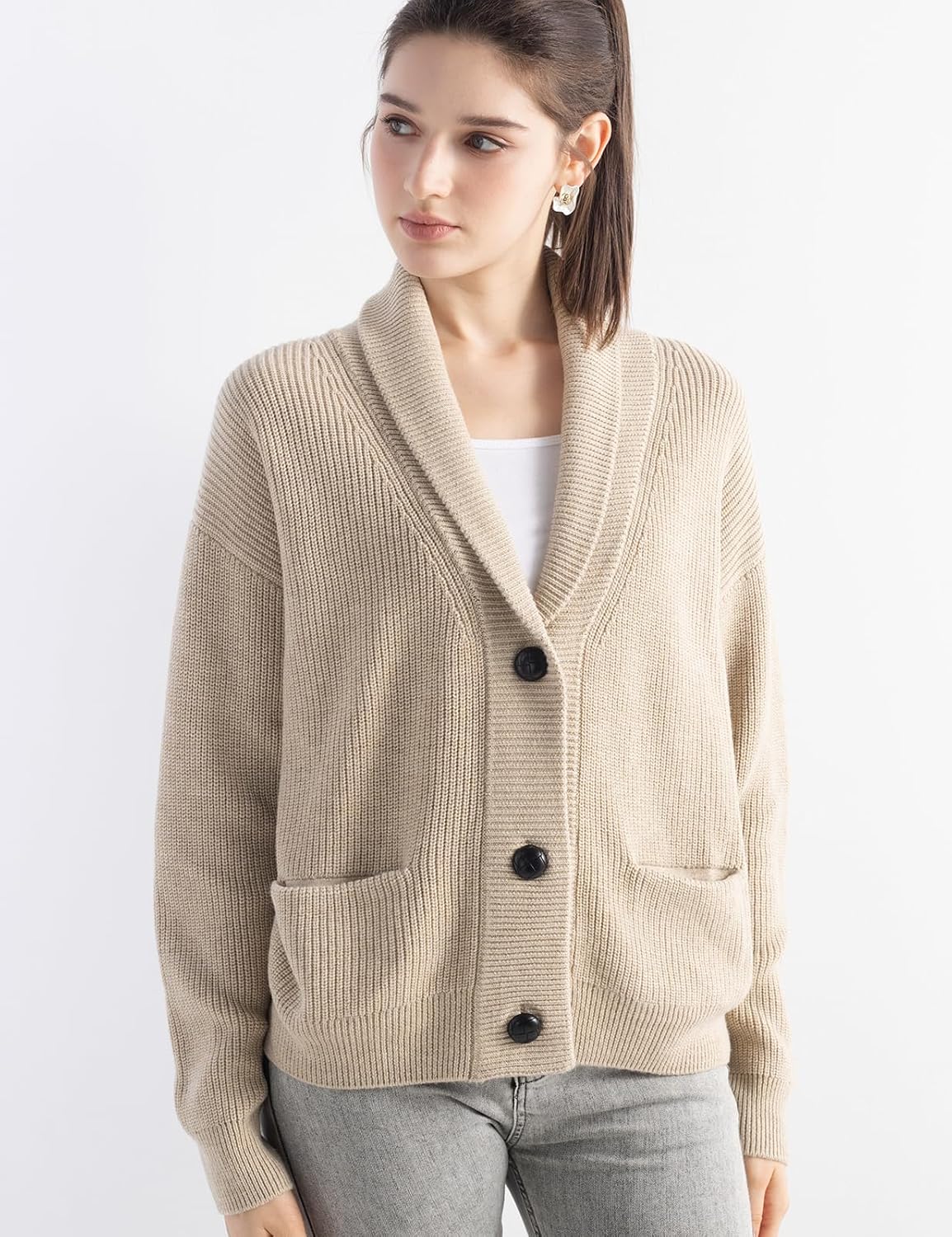 Merino Wool Blend V-Neck Button Cardigan with Pocket