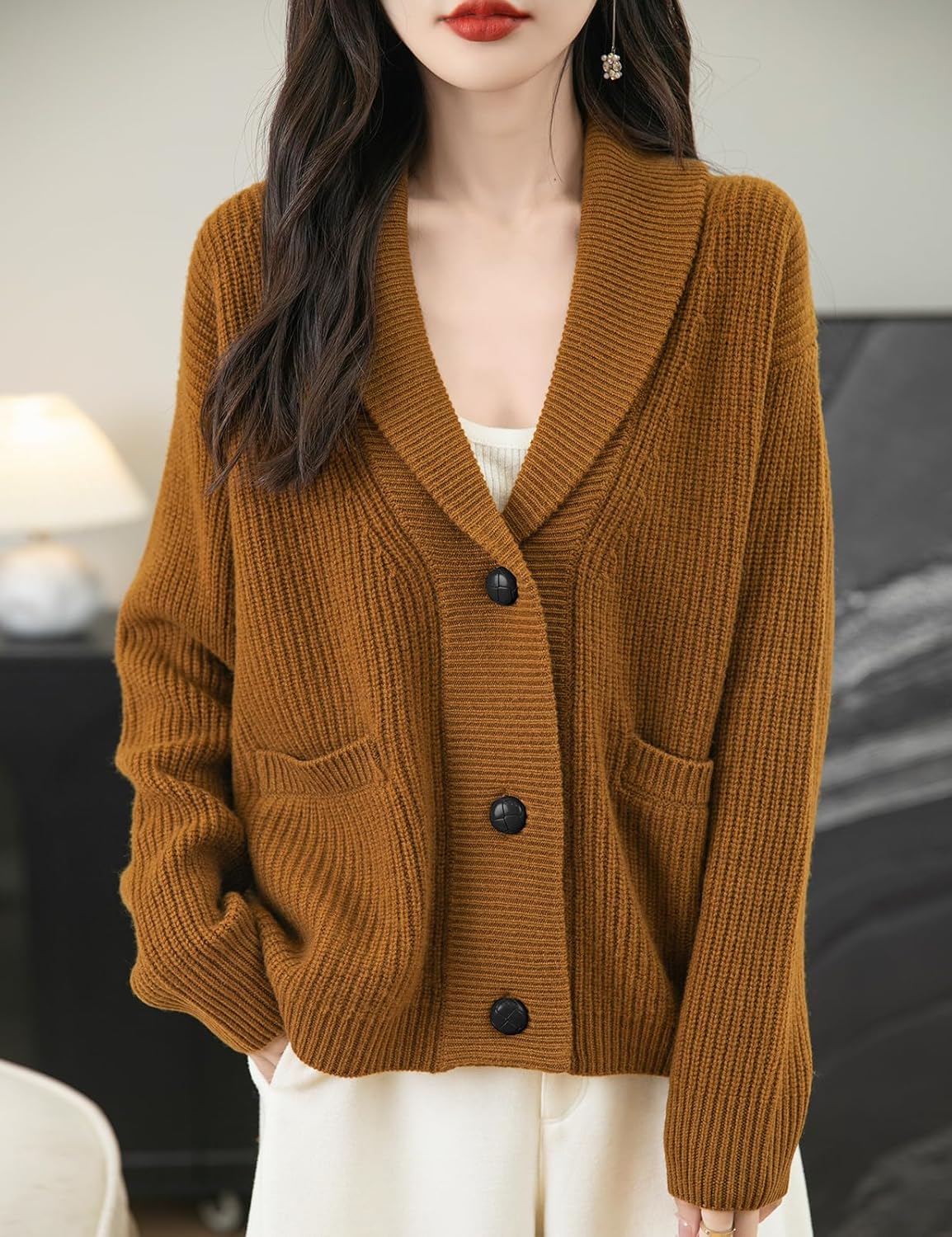 100% Merino Wool V-Neck Button Cardigan
