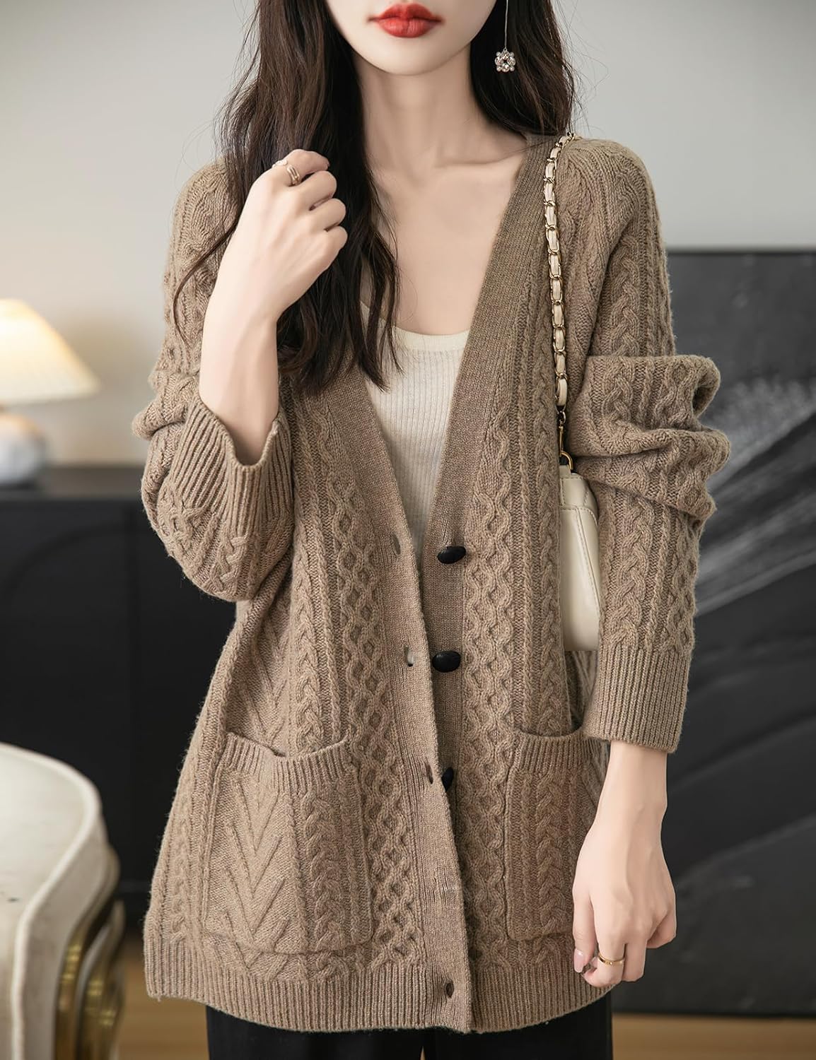 100% Merino Wool V-Neck Cable Cardigan