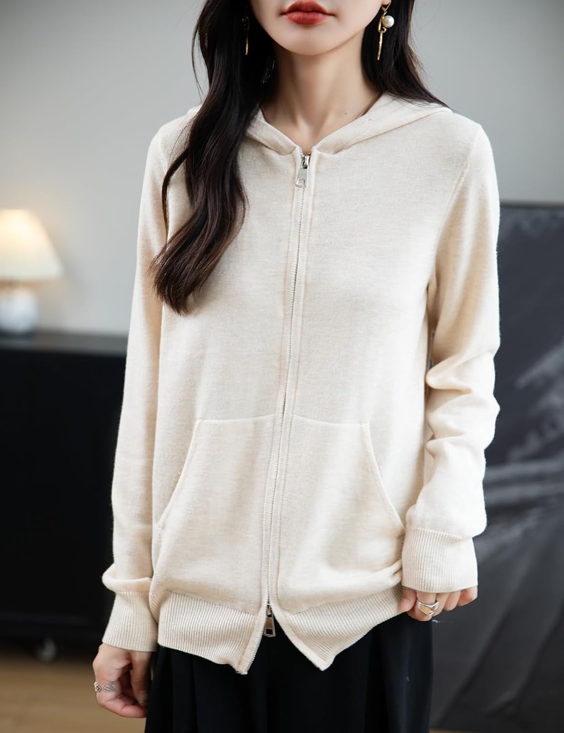 Merino Wool Blend Zipper Crewneck Hooded Knit Cardigan