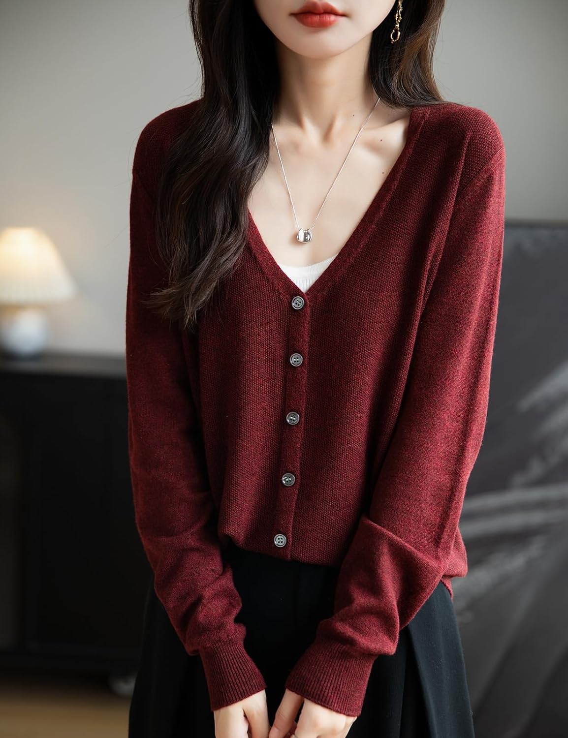 Merino Wool Blend Seamless V-Neck Cardigan