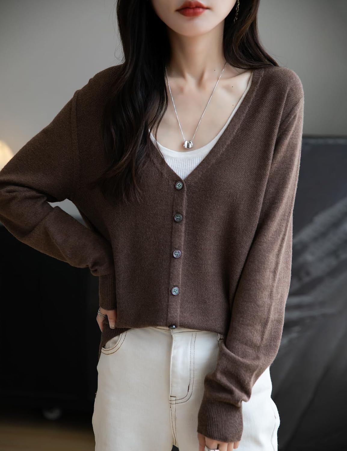 Merino Wool Blend Seamless V-Neck Cardigan
