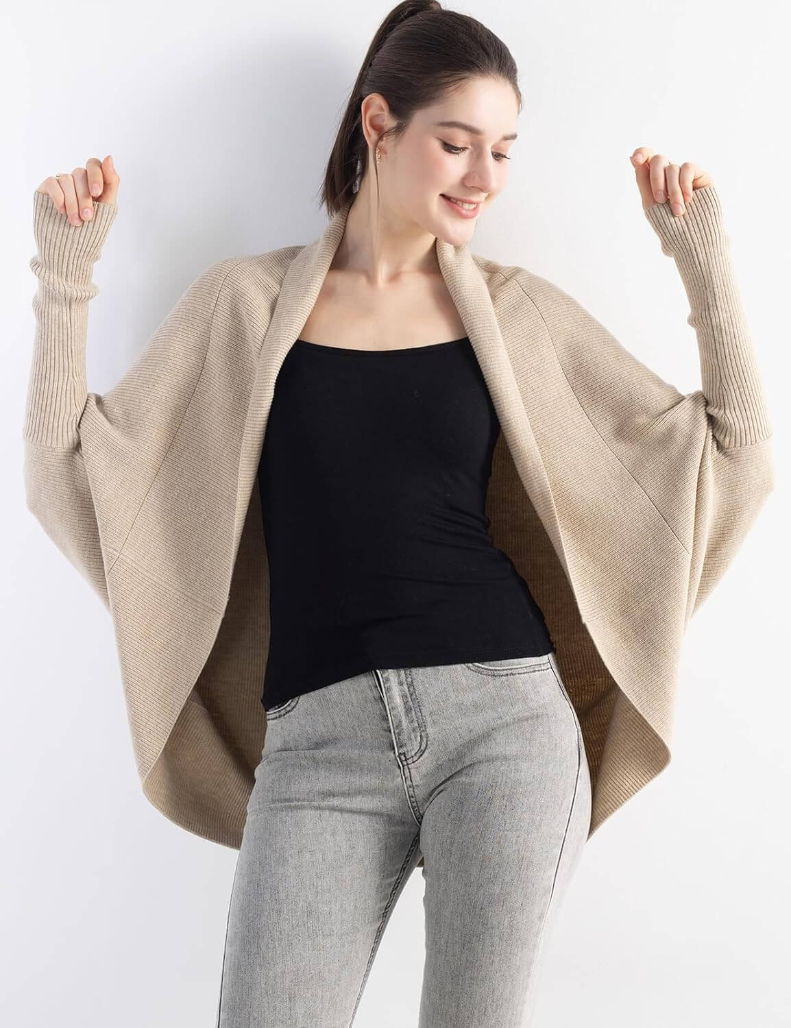 Merino Wool Blend Oversized Batwing Rib Knit Cardigan