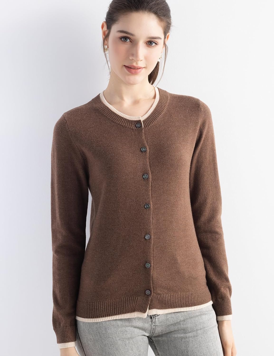 Merino Wool Color Block Crewneck Cardigan