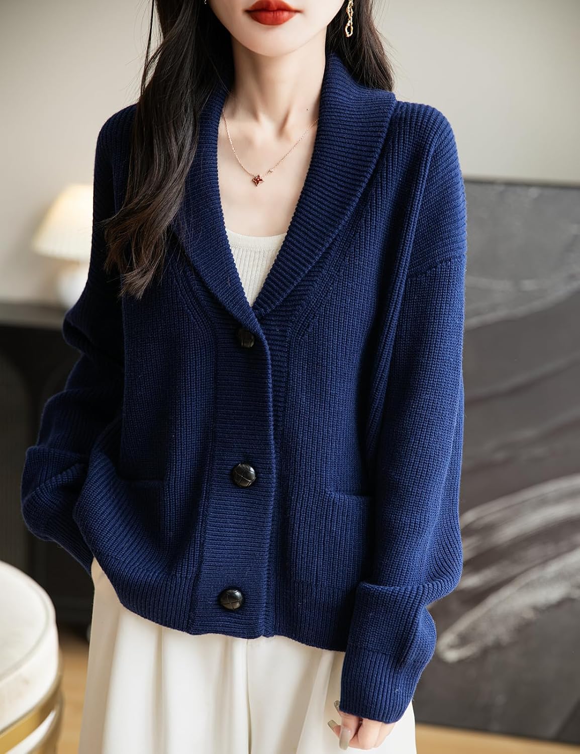 Merino Wool Blend V-Neck Button Cardigan with Pocket