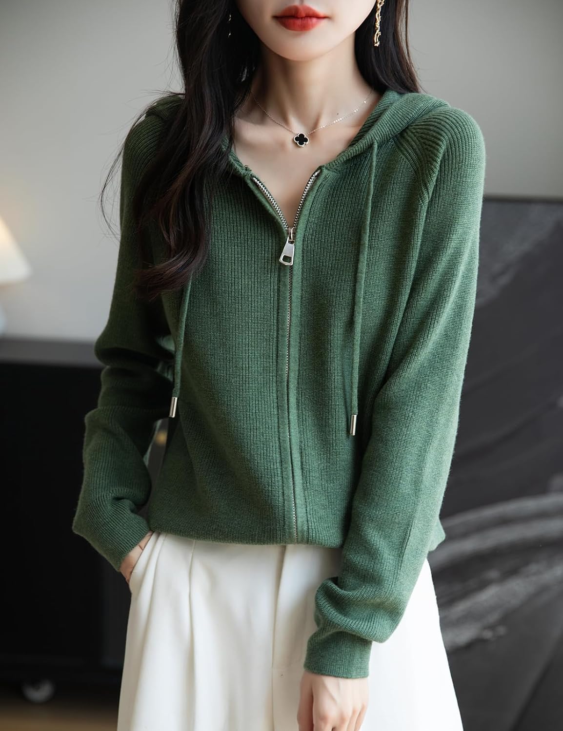 Merino Wool Blend Ribbed Zipper Hooded Cardigan