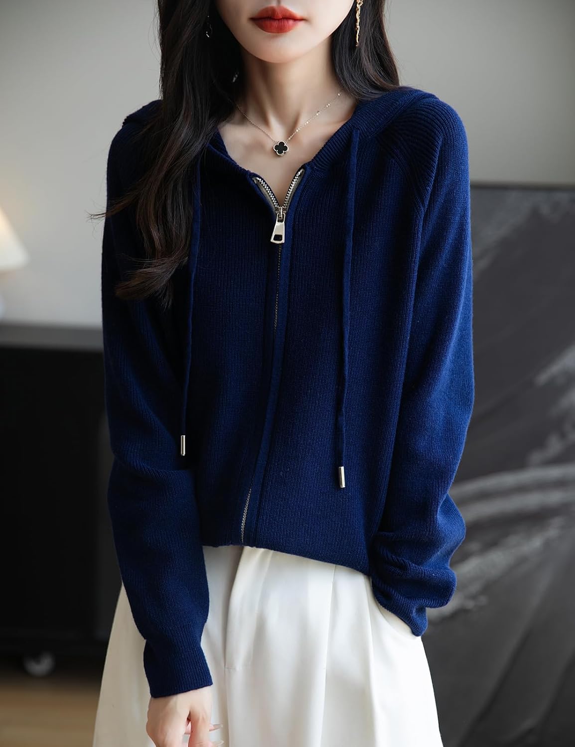 Merino Wool Blend Ribbed Zipper Hooded Cardigan