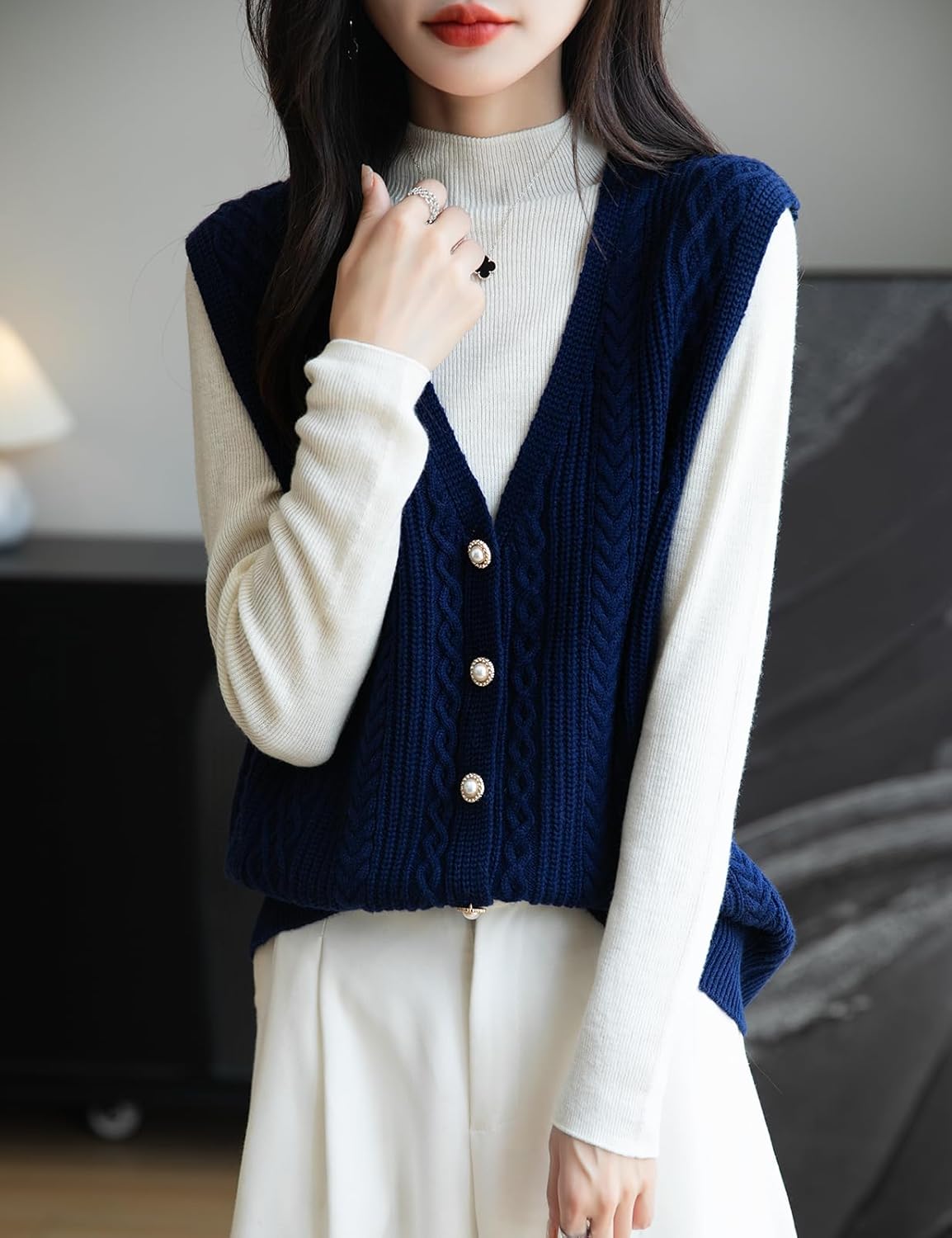 Merino Wool Blend Cable Knit Vest with Buttons