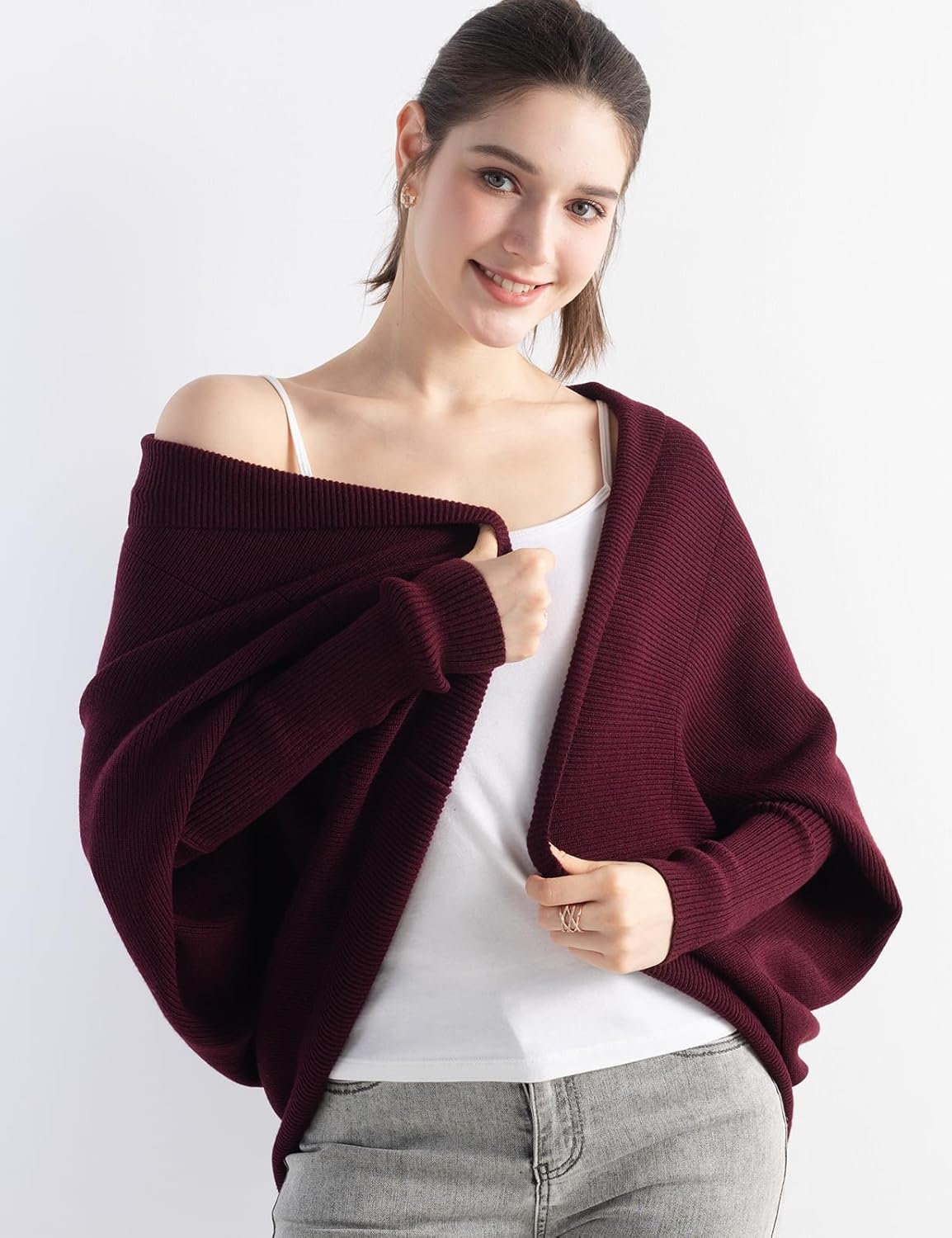 Merino Wool Blend Oversized Batwing Rib Knit Cardigan