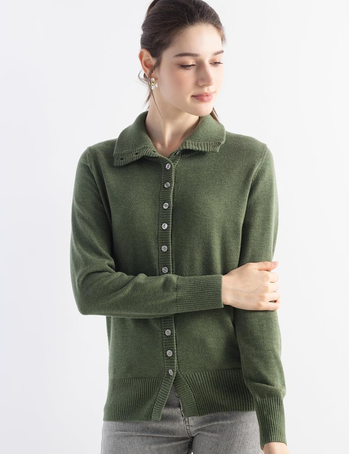 Merino Wool Blend Mock Neck Buttoned Knit Cardigan