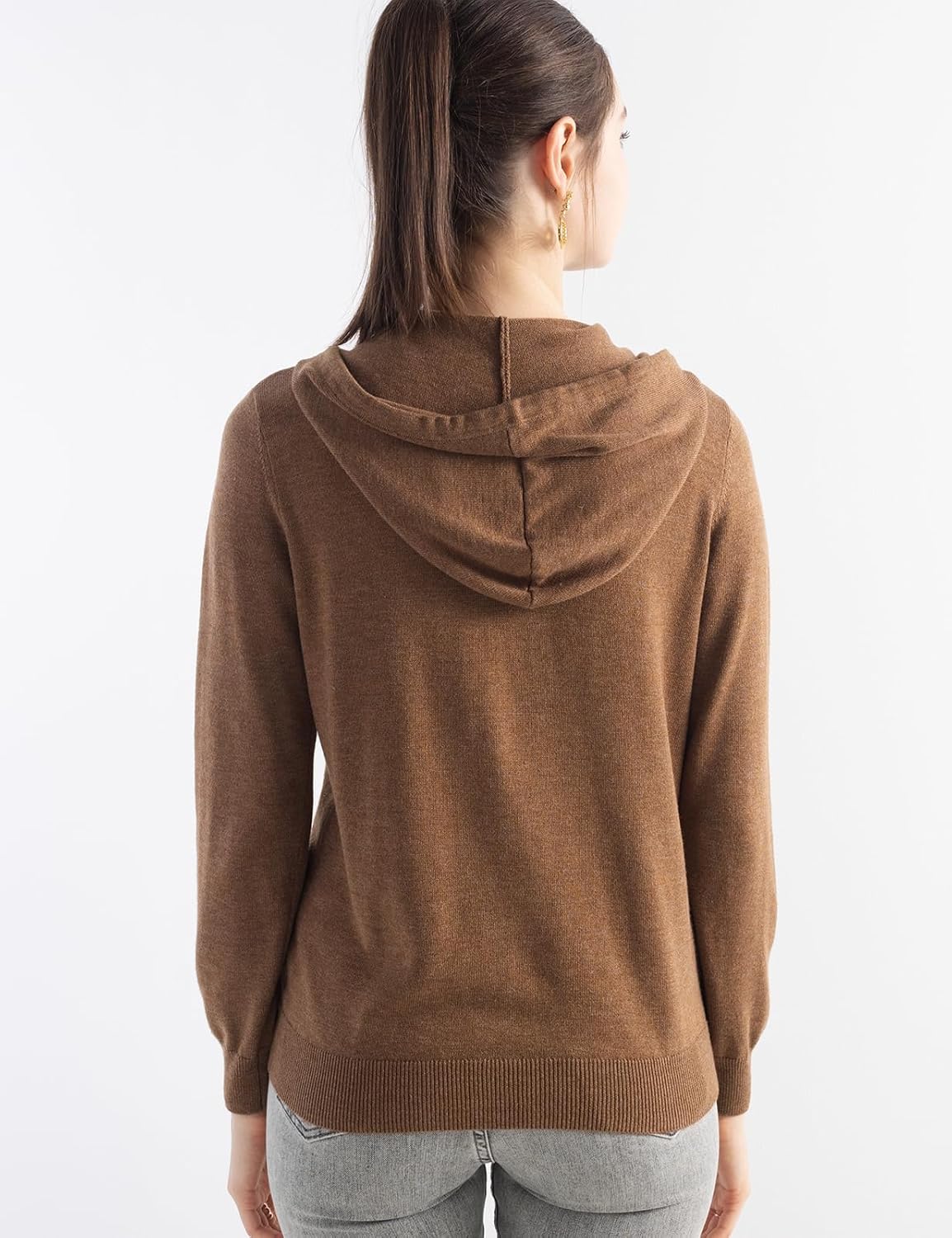 Merino Wool Blend Zipper Crewneck Hooded Knit Cardigan