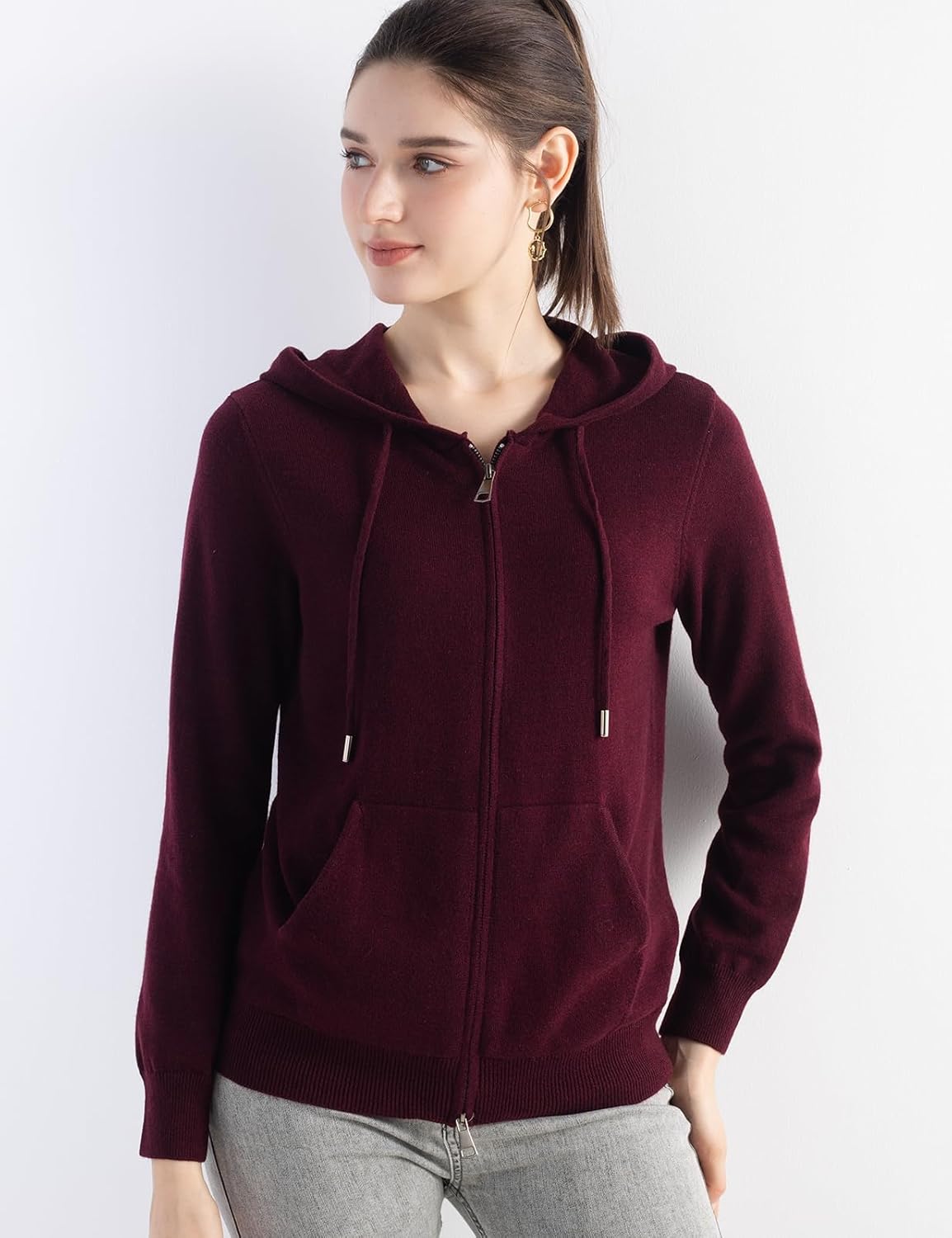 Merino Wool Blend Zipper Crewneck Hooded Knit Cardigan