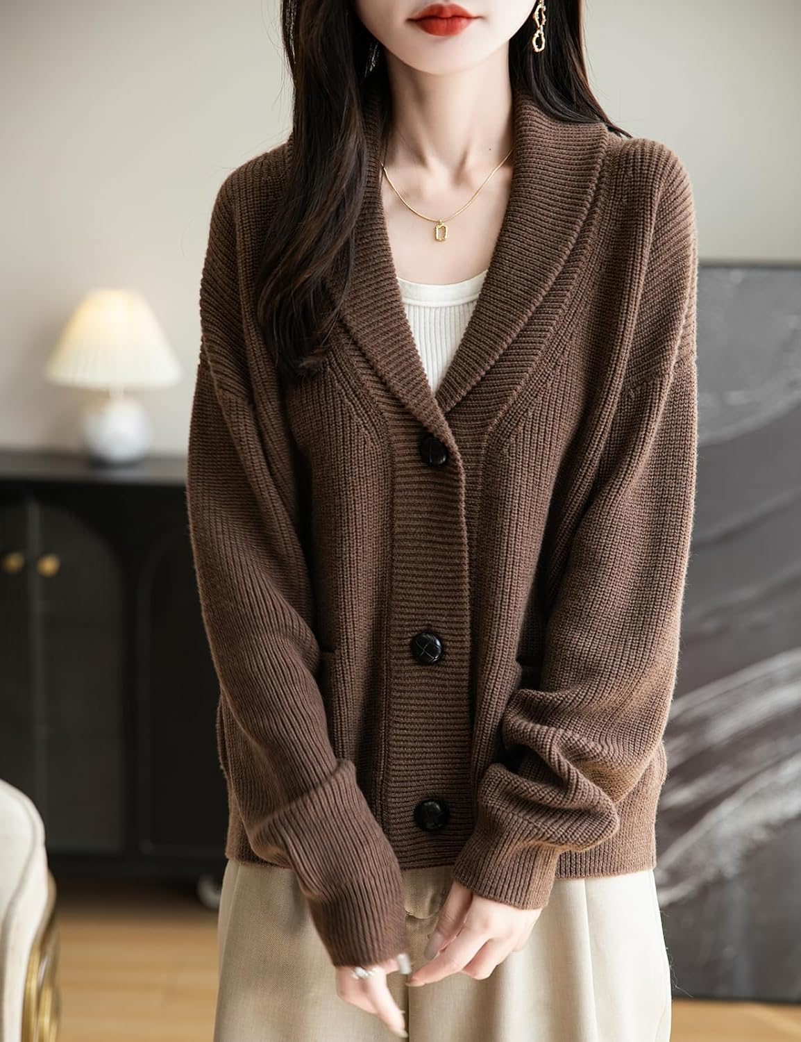 Merino Wool Blend V-Neck Button Cardigan with Pocket