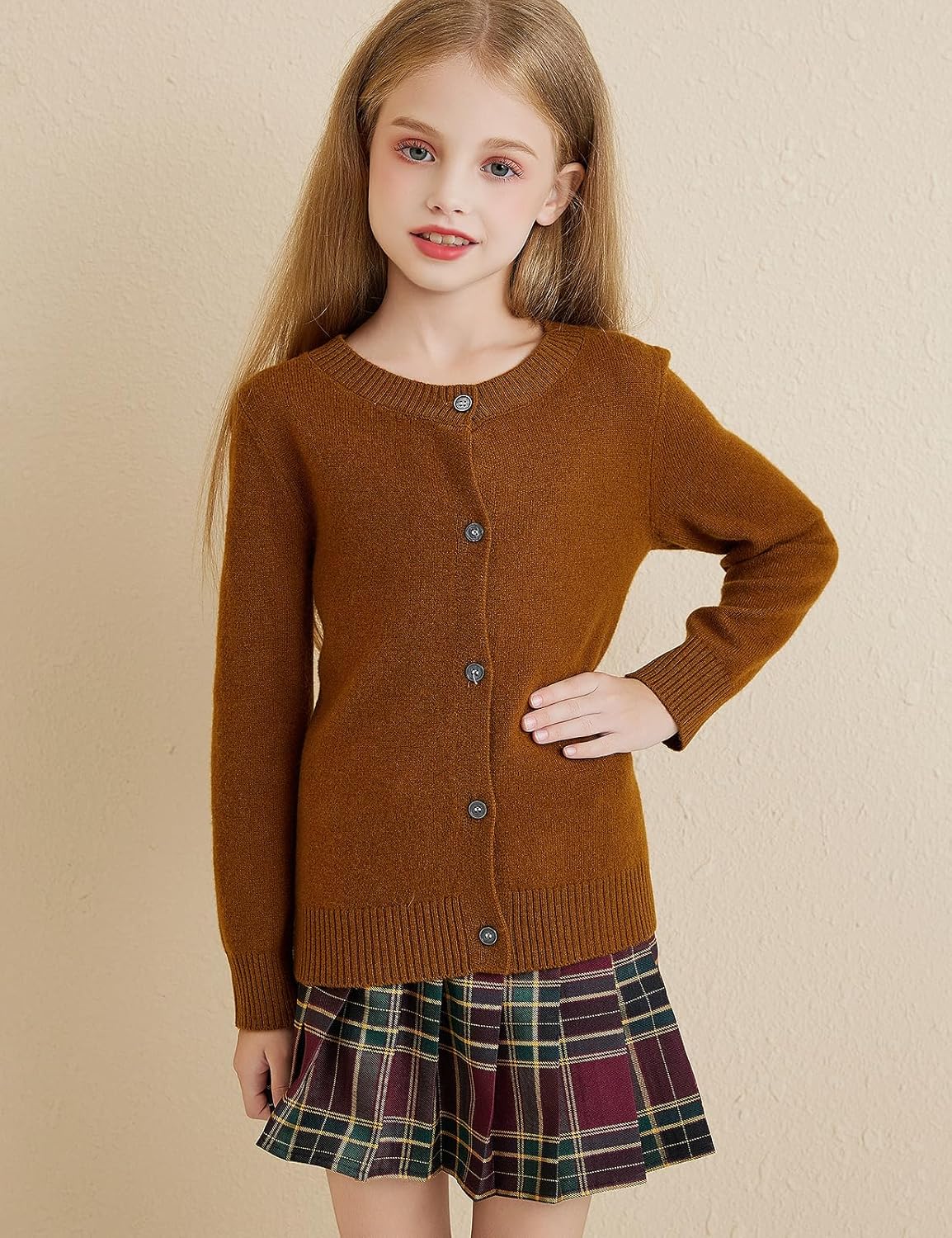 Girls 100% Merino Wool Crewneck Cardigan