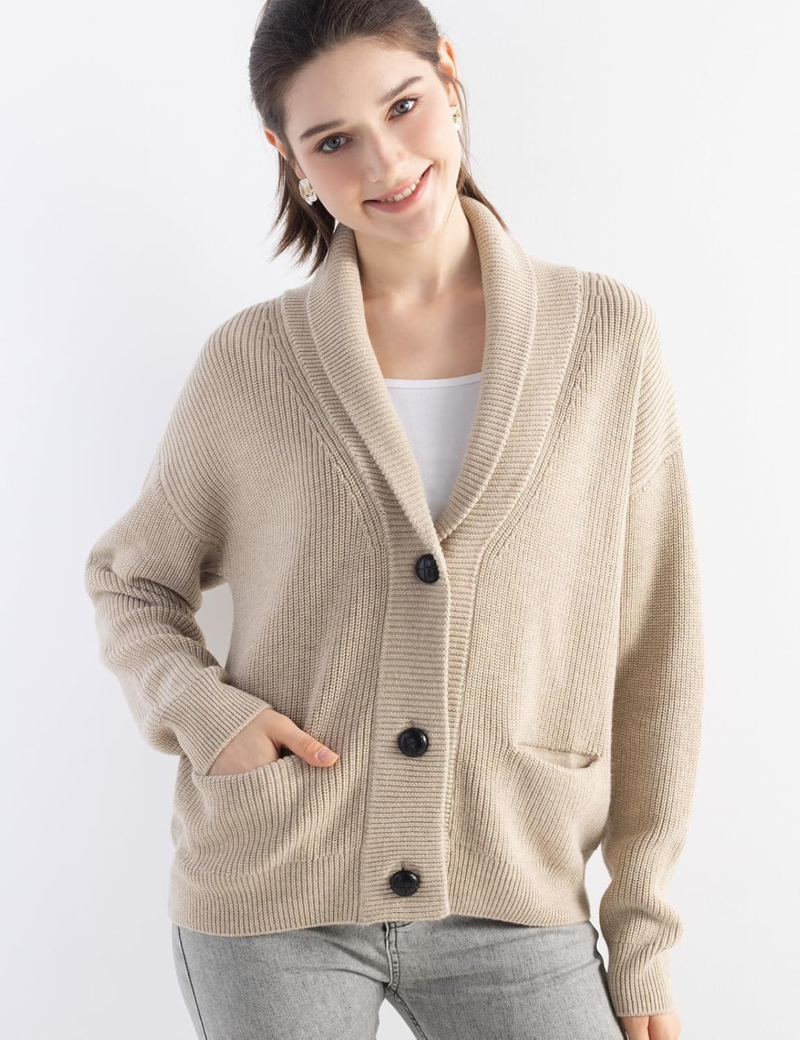 Merino Wool Blend V-Neck Button Cardigan with Pocket