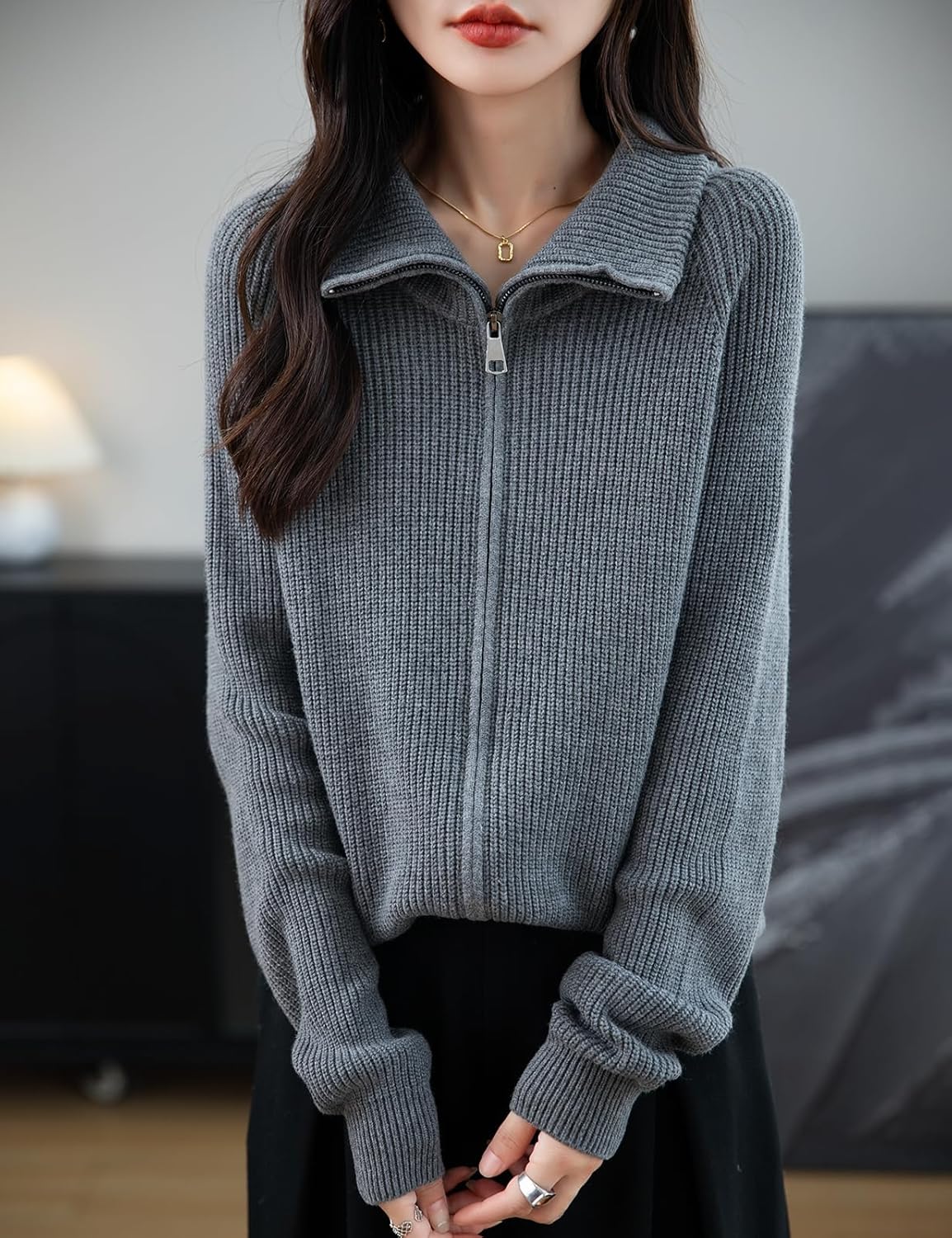Merino Wool Blend Zipper Knit Sweatshirt Cardigan
