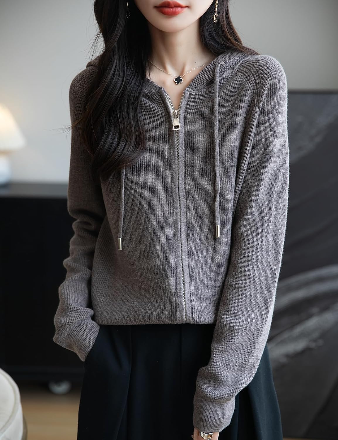 Merino Wool Blend Ribbed Zipper Hooded Cardigan