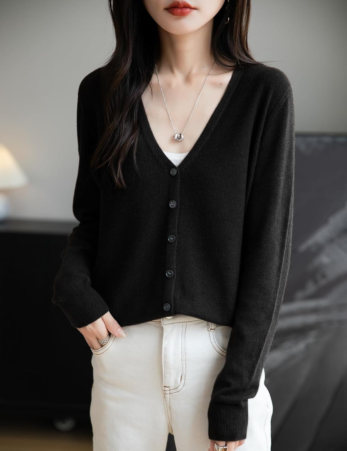 Merino Wool Blend Seamless V-Neck Cardigan