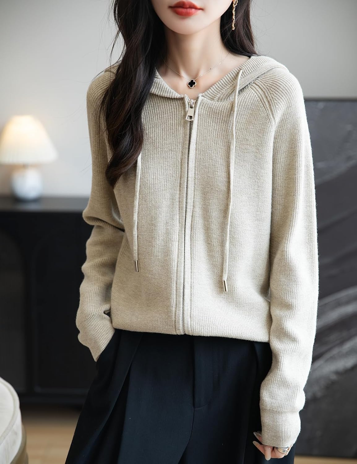 Merino Wool Blend Ribbed Zipper Hooded Cardigan
