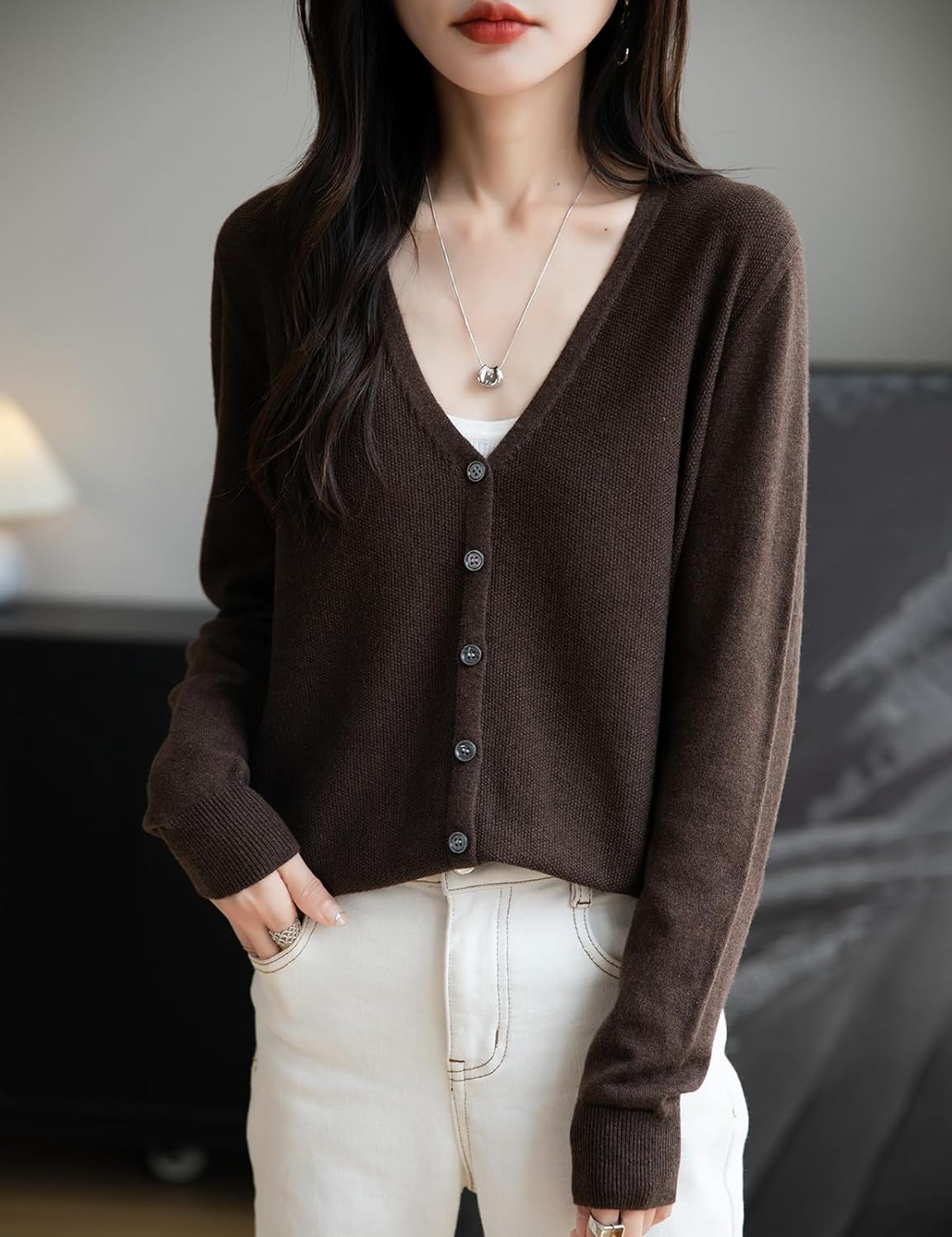 Merino Wool Blend Seamless V-Neck Cardigan