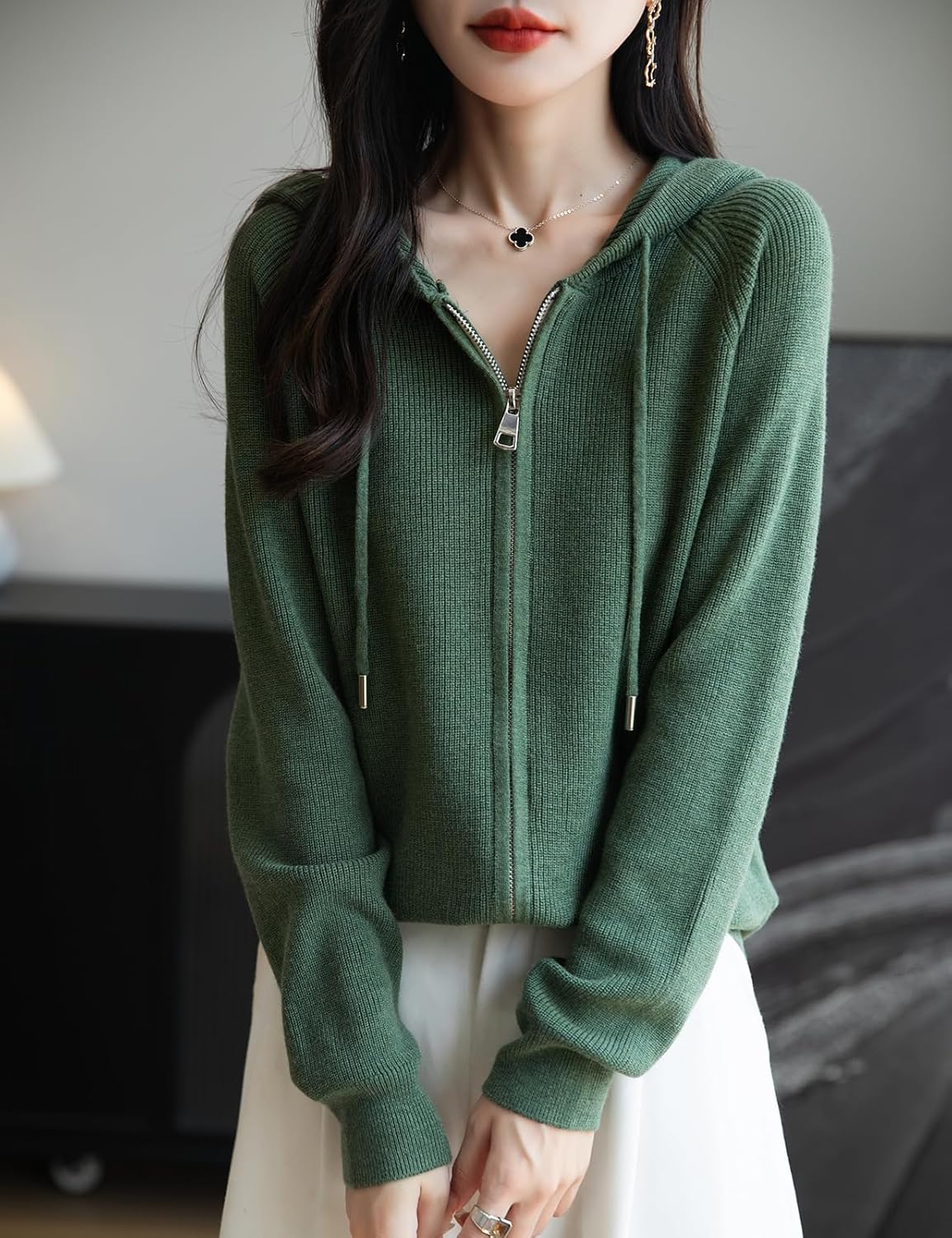 Merino Wool Blend Ribbed Zipper Hooded Cardigan