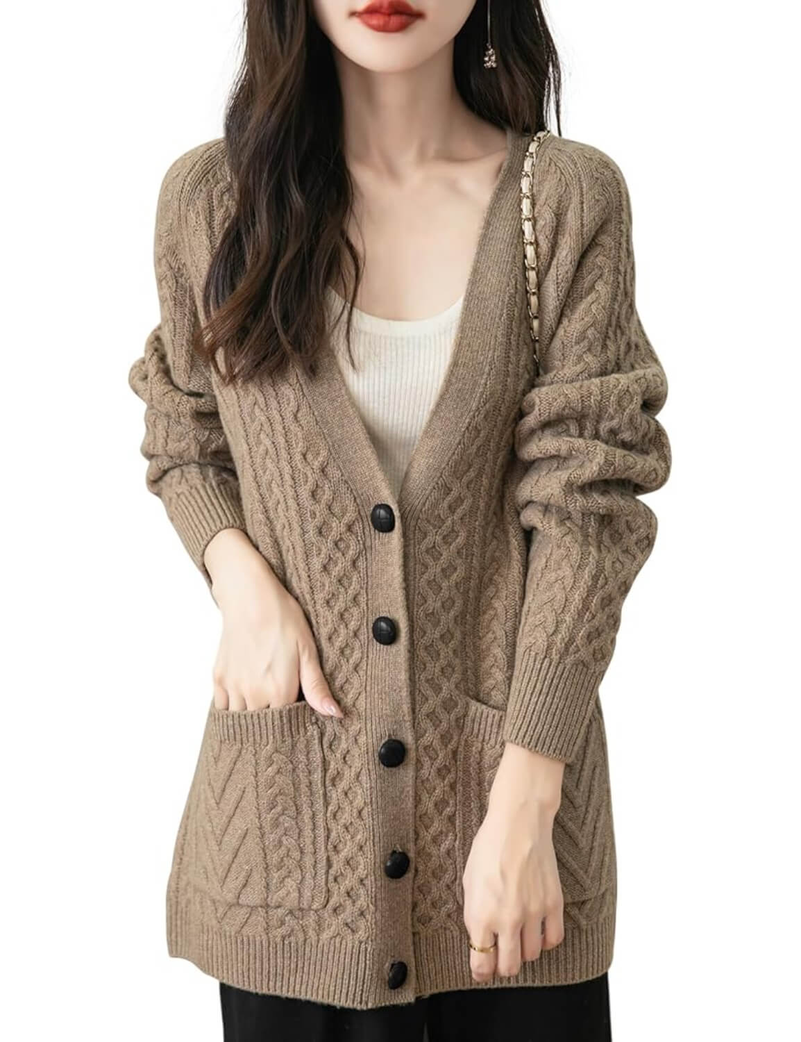100% Merino Wool V-Neck Cable Cardigan