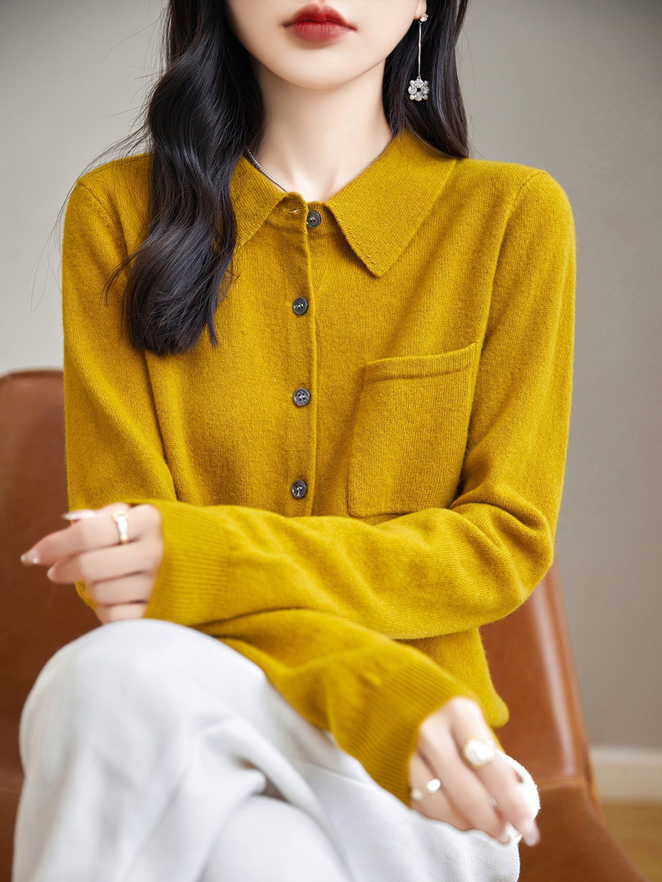 100% Merino Wool Poloneck Cardigan Sweater