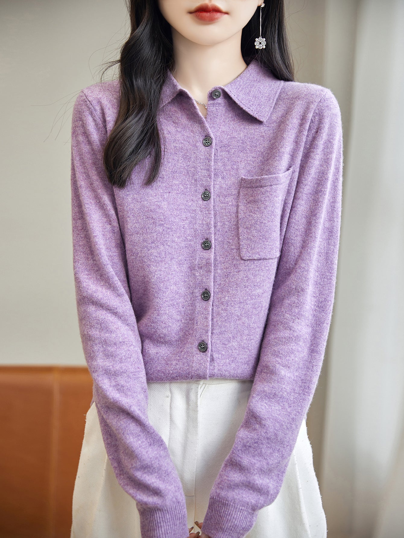 100% Merino Wool Poloneck Cardigan Sweater