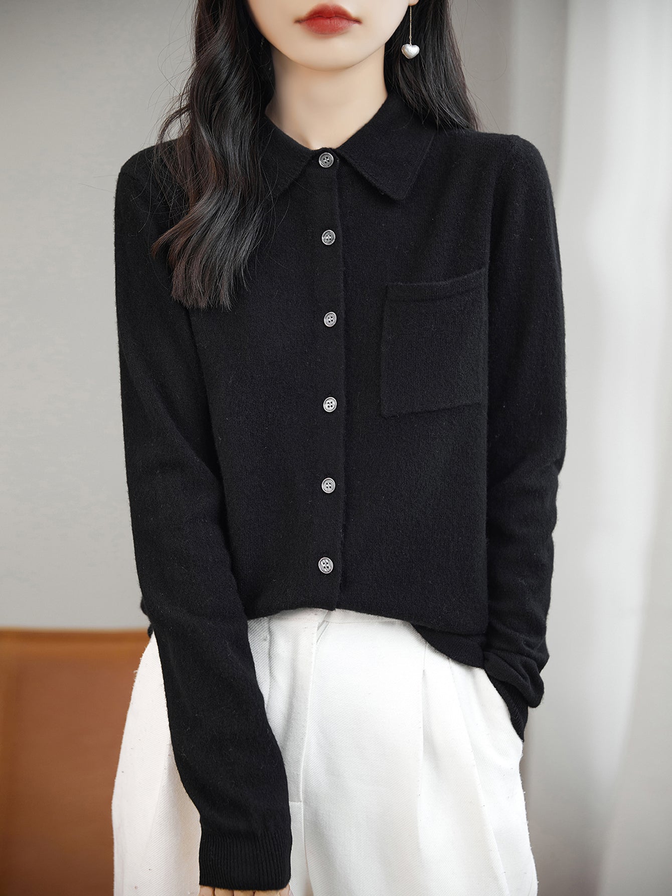 100% Merino Wool Poloneck Cardigan Sweater
