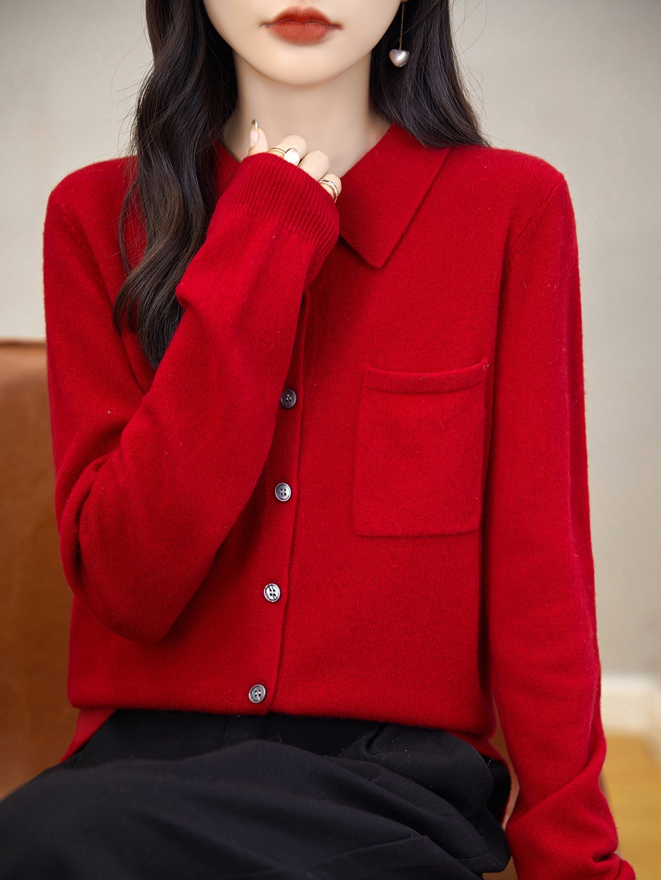 100% Merino Wool Poloneck Cardigan Sweater