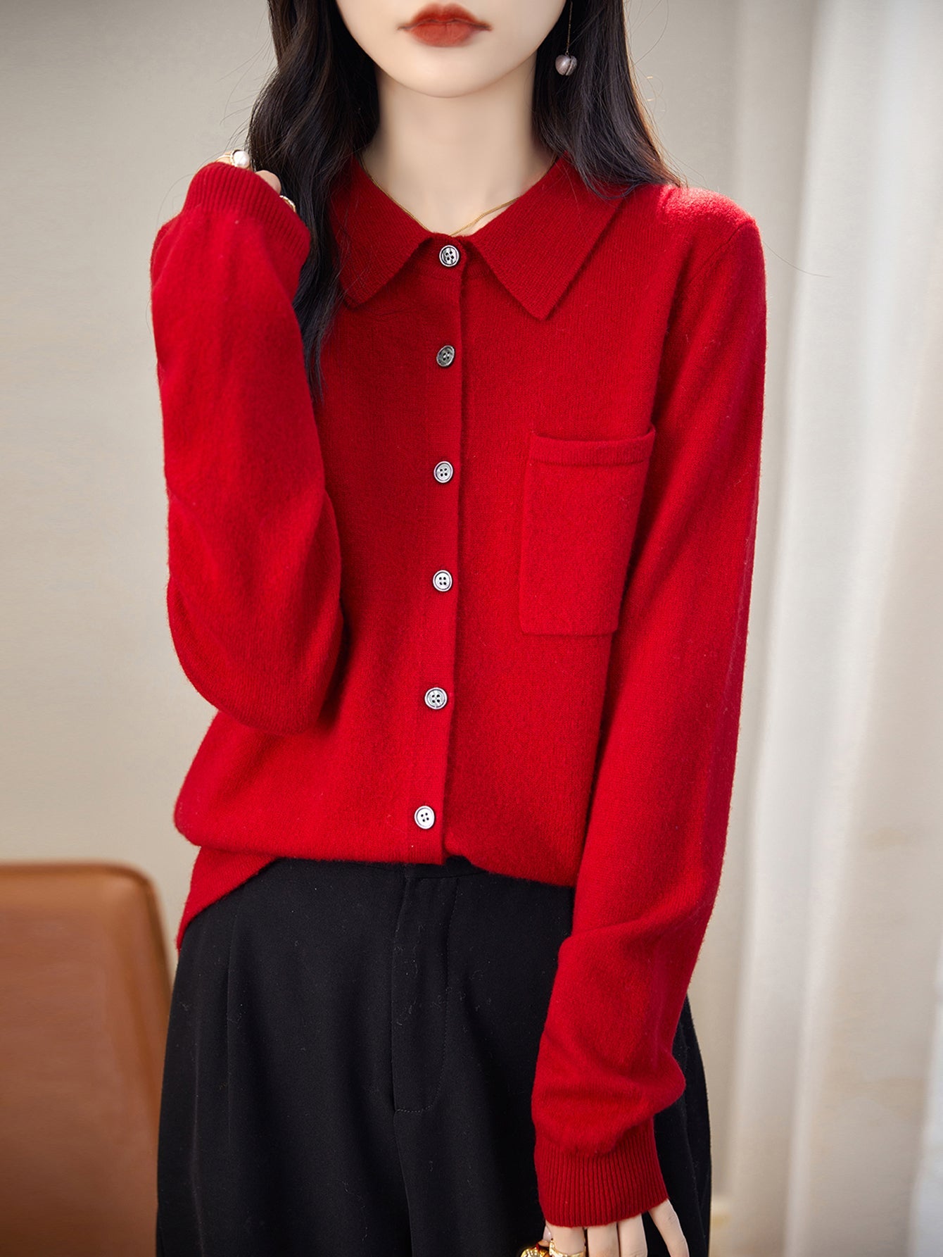 100% Merino Wool Poloneck Cardigan Sweater